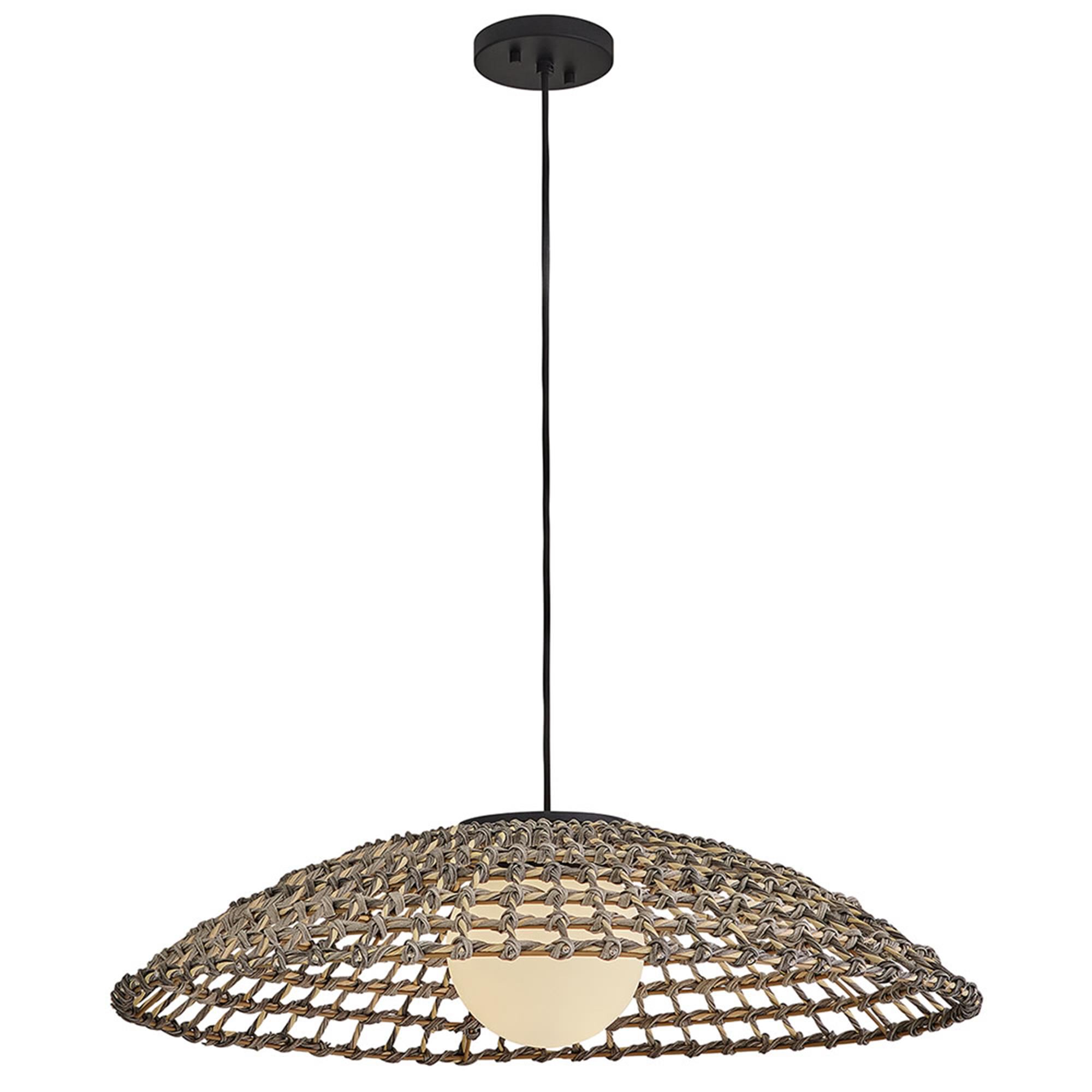 Shown in Black finish and Etched Opal glass and All Weather Rattan shade
