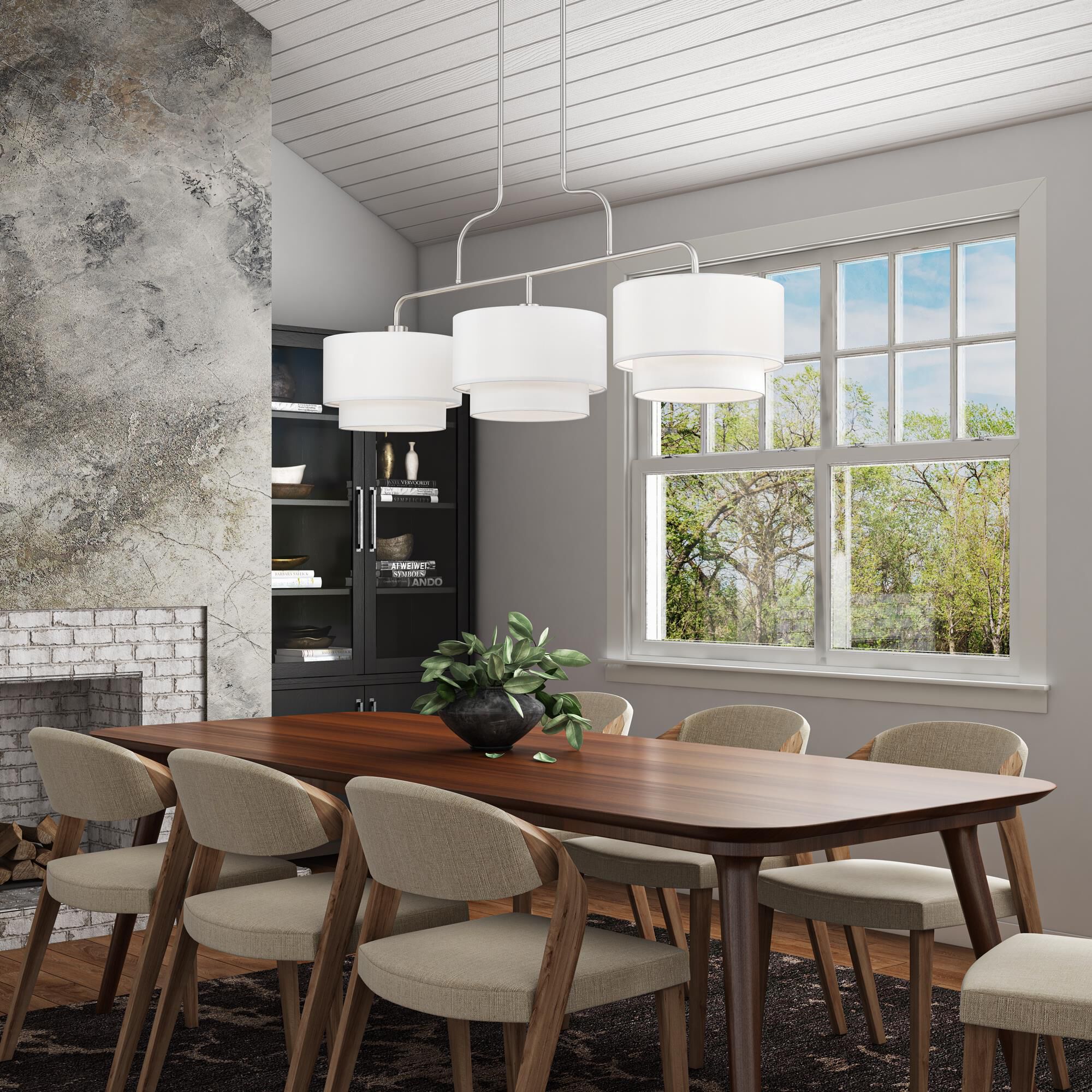 Shown in Brushed Nickel finish and Hand Crafted Off-White Fabric Hardbacks with White Fabric Inside shade