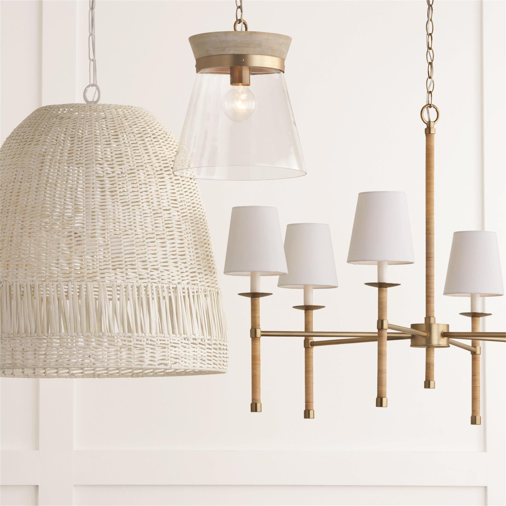 Shown in White Wash and Matte Brass finish and Clear glass