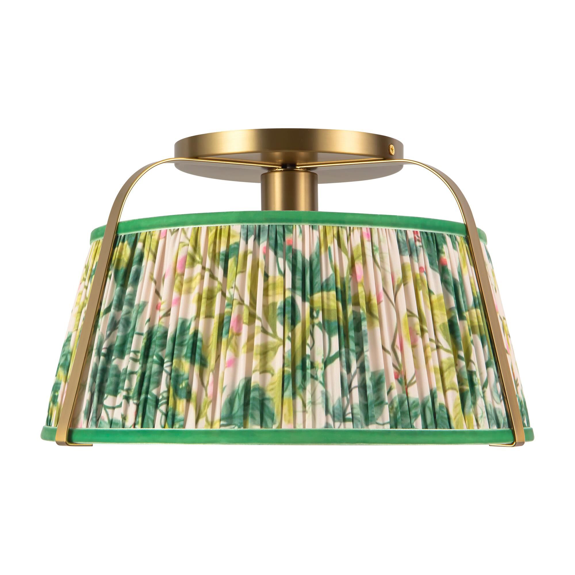 Shown in Brushed Gold finish and Frosted Polycarbonate Diffuser glass and Green Linen shade