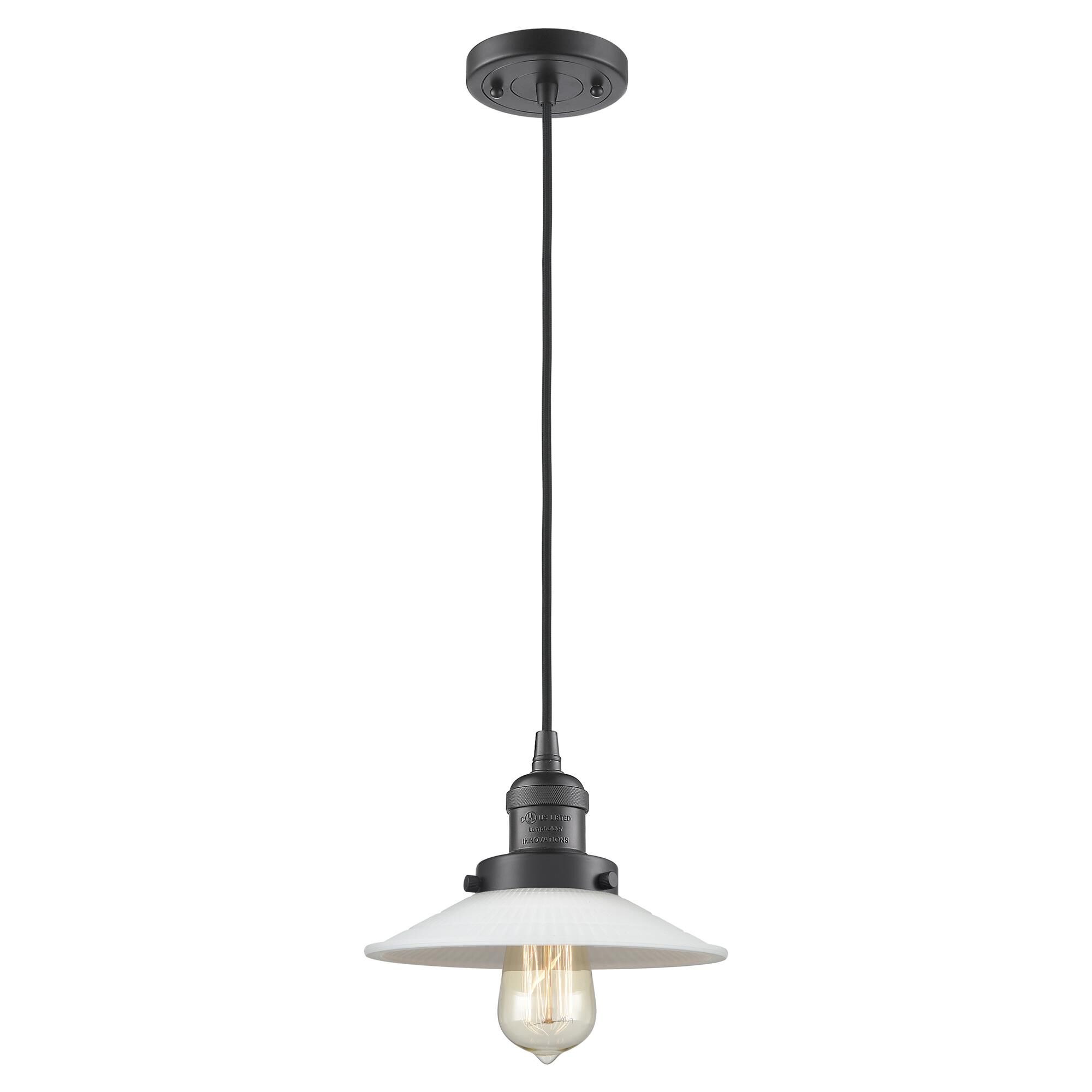 Shown in Oil Rubbed Bronze finish and Matte White Halophane - Cone glass and Black Textured Cord accent