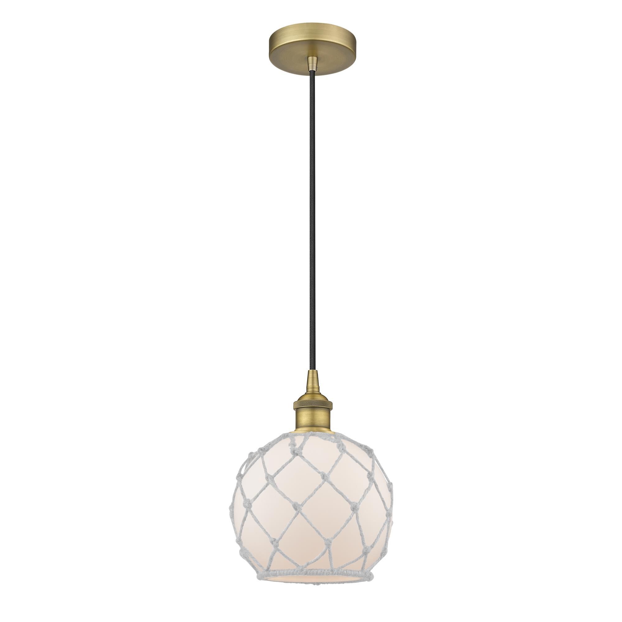 Shown in Brushed Brass finish and White Farmhouse With White Rope glass