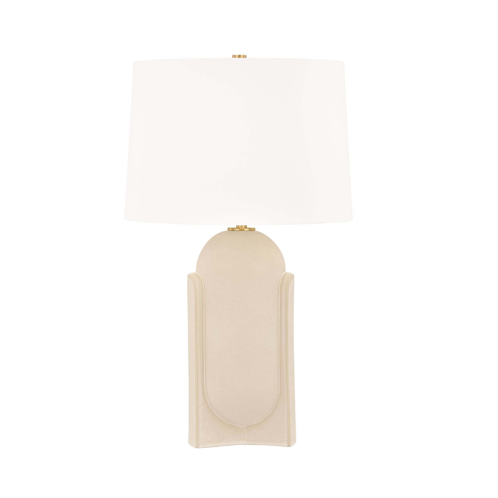 Shown in Aged Brass and Ceramic Moonstone Sand finish and White shade