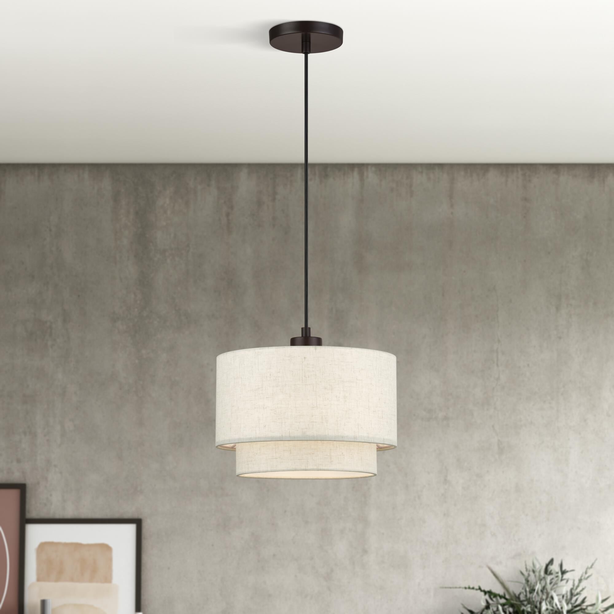 Shown in English Bronze finish and Hand Crafted Oatmeal Color Fabric with White Color Inside shade