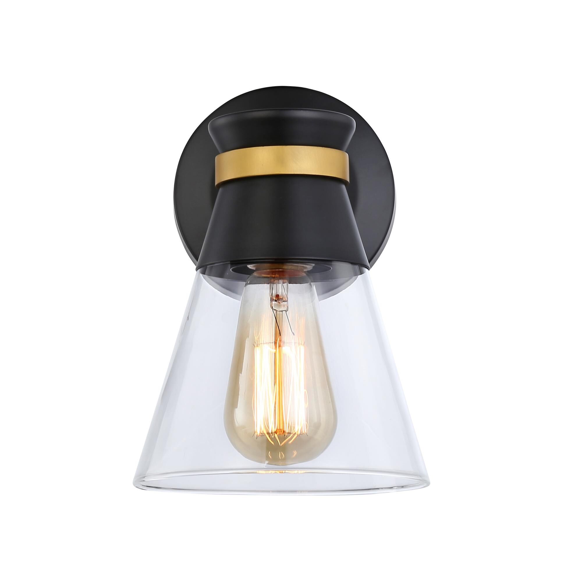 Shown in Black & Brushed Brass finish and Glass shade