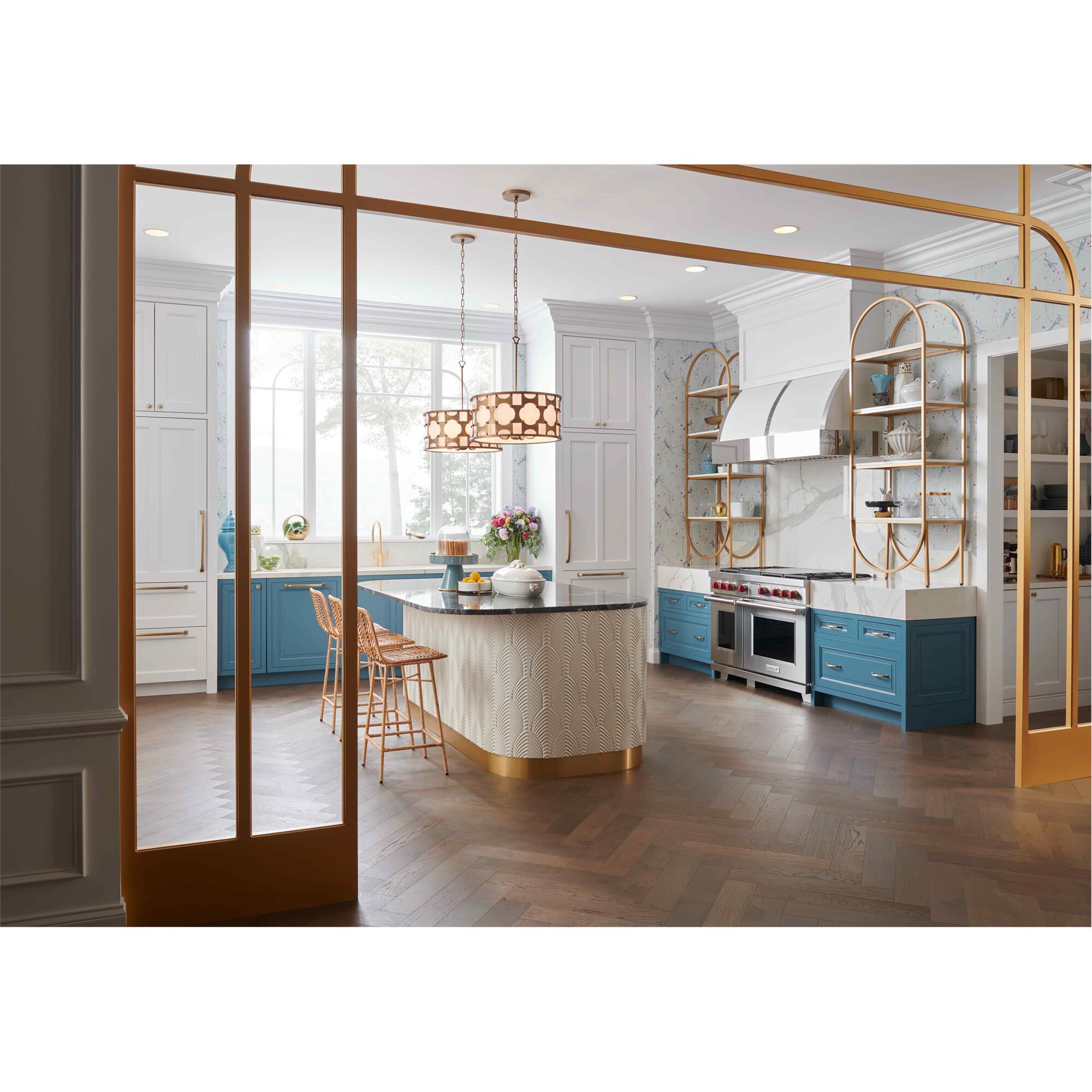 Shown in Burnished Gold finish and Off-White Textured shade
