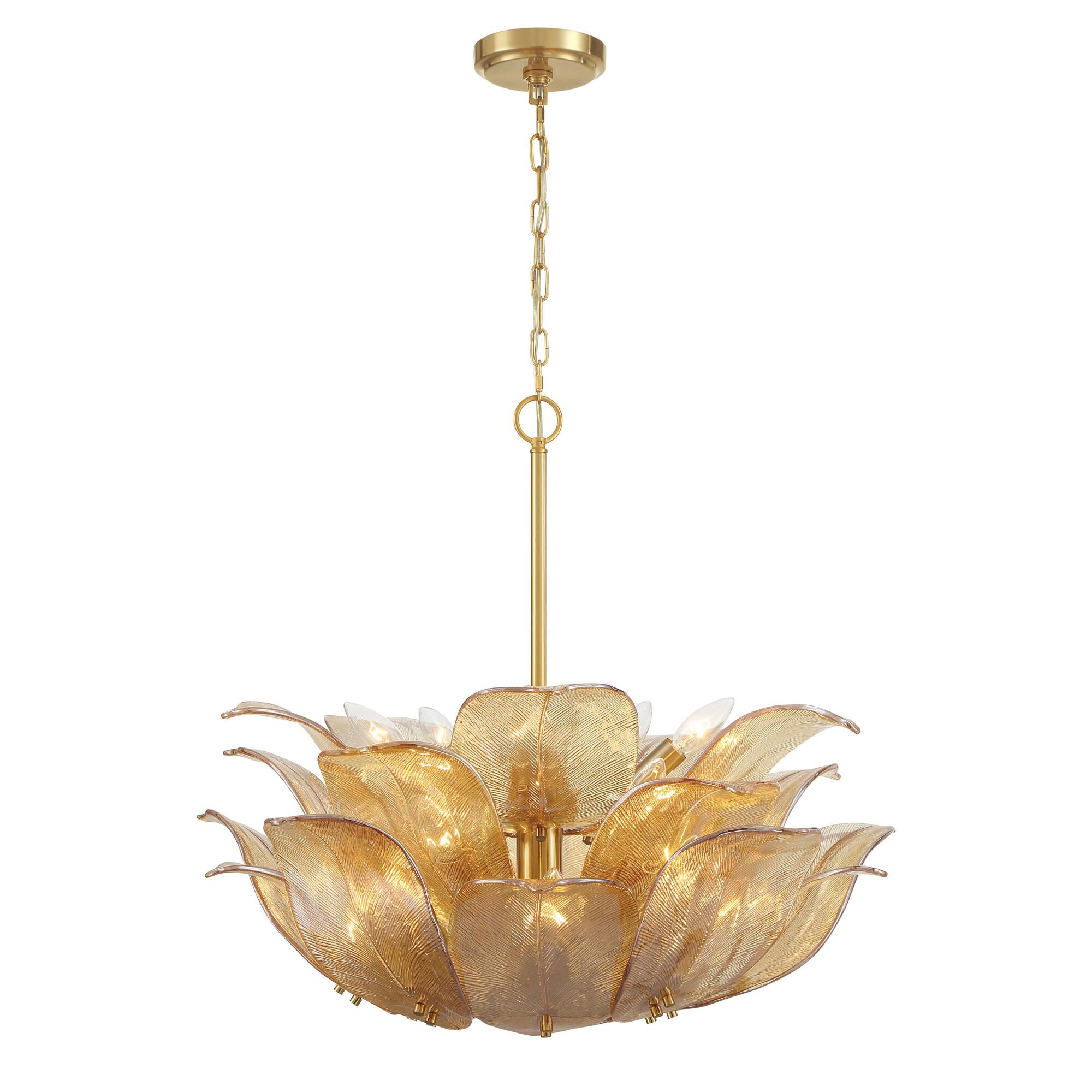 Shown in Legacy Brass finish and Amber Handmade glass