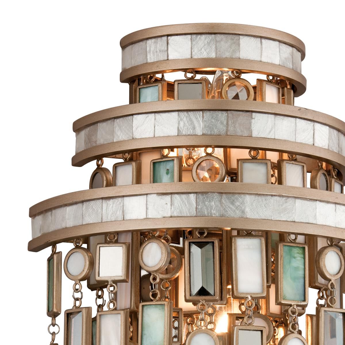 Shown in Dolcetti Silver finish and Mixed glass and Shells, Crystal, Stainless shade and Mixed Shells with Crystal and Stainless  accent