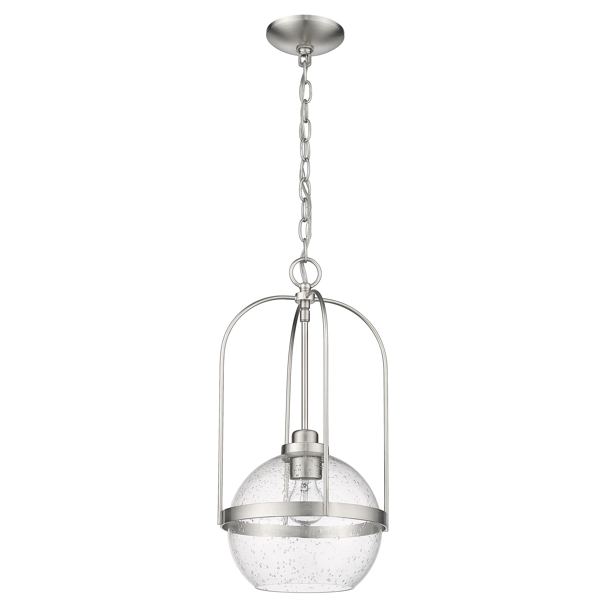Shown in Brushed Nickel finish and Clear Seeded glass