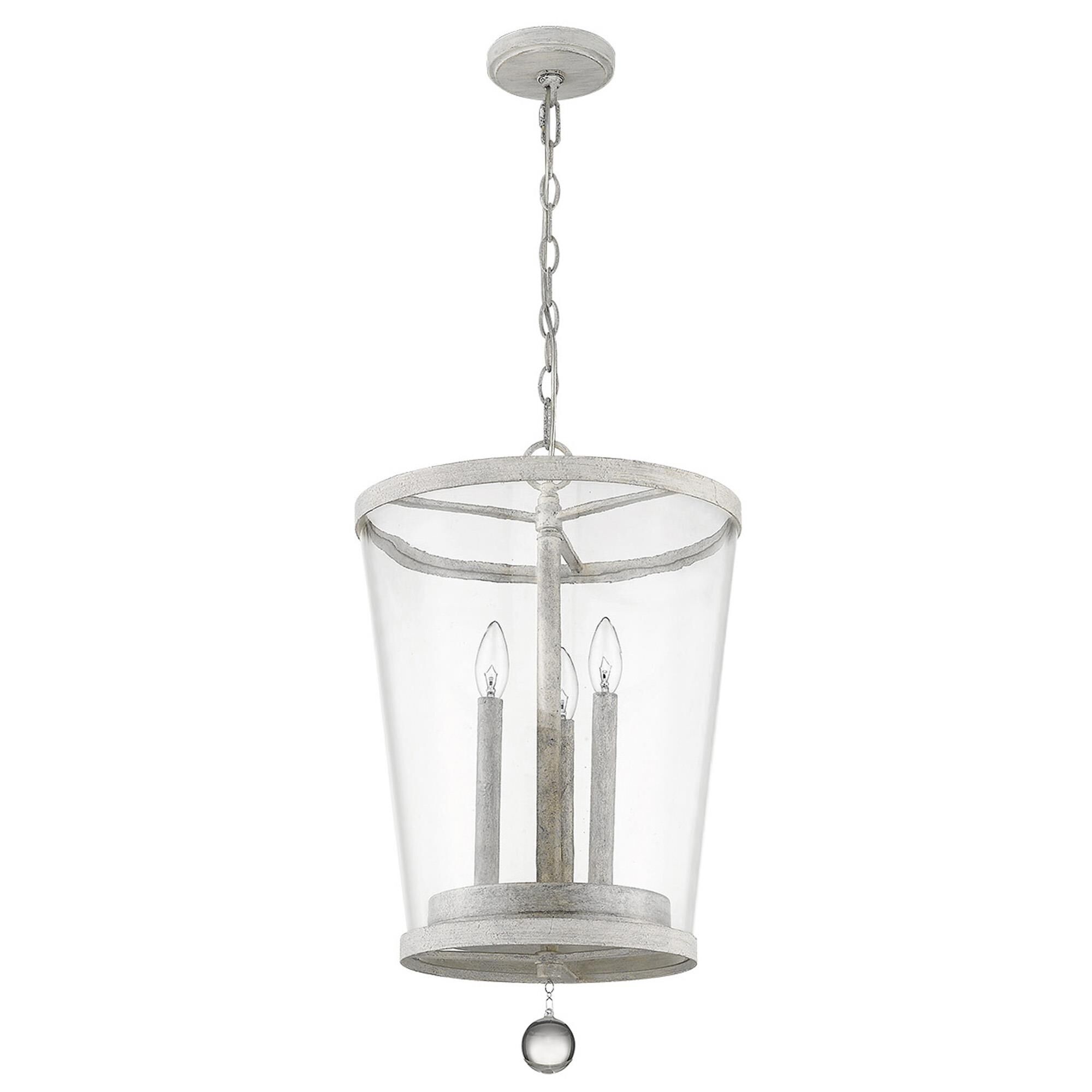 Shown in Country White finish and Clear glass and Clear, Tapered Drum Shaped Glass shade