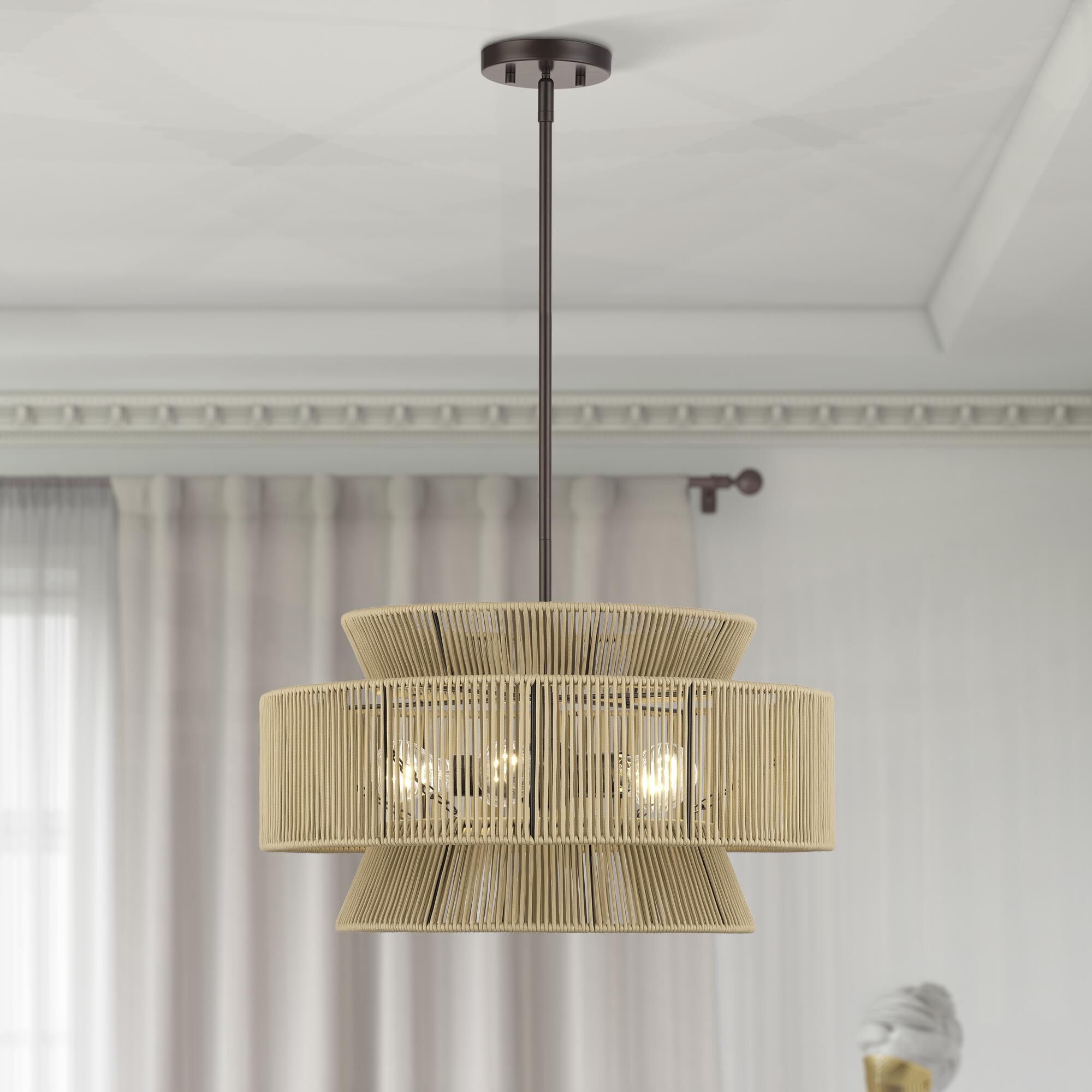 Shown in English Bronze finish and Hand-Woven Venetian Gold Color Polyester Rope shade