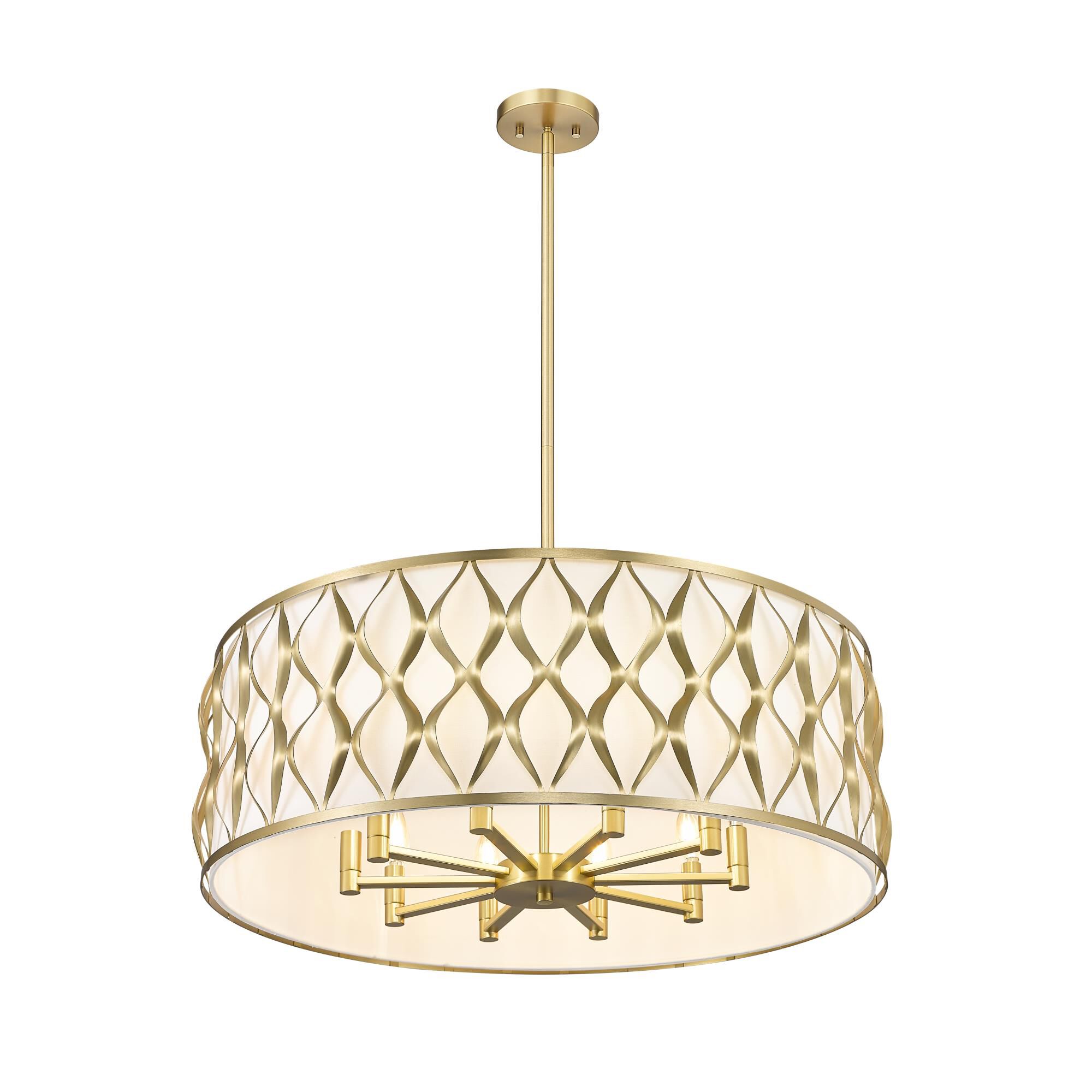 Shown in Modern Gold finish and White glass and White shade