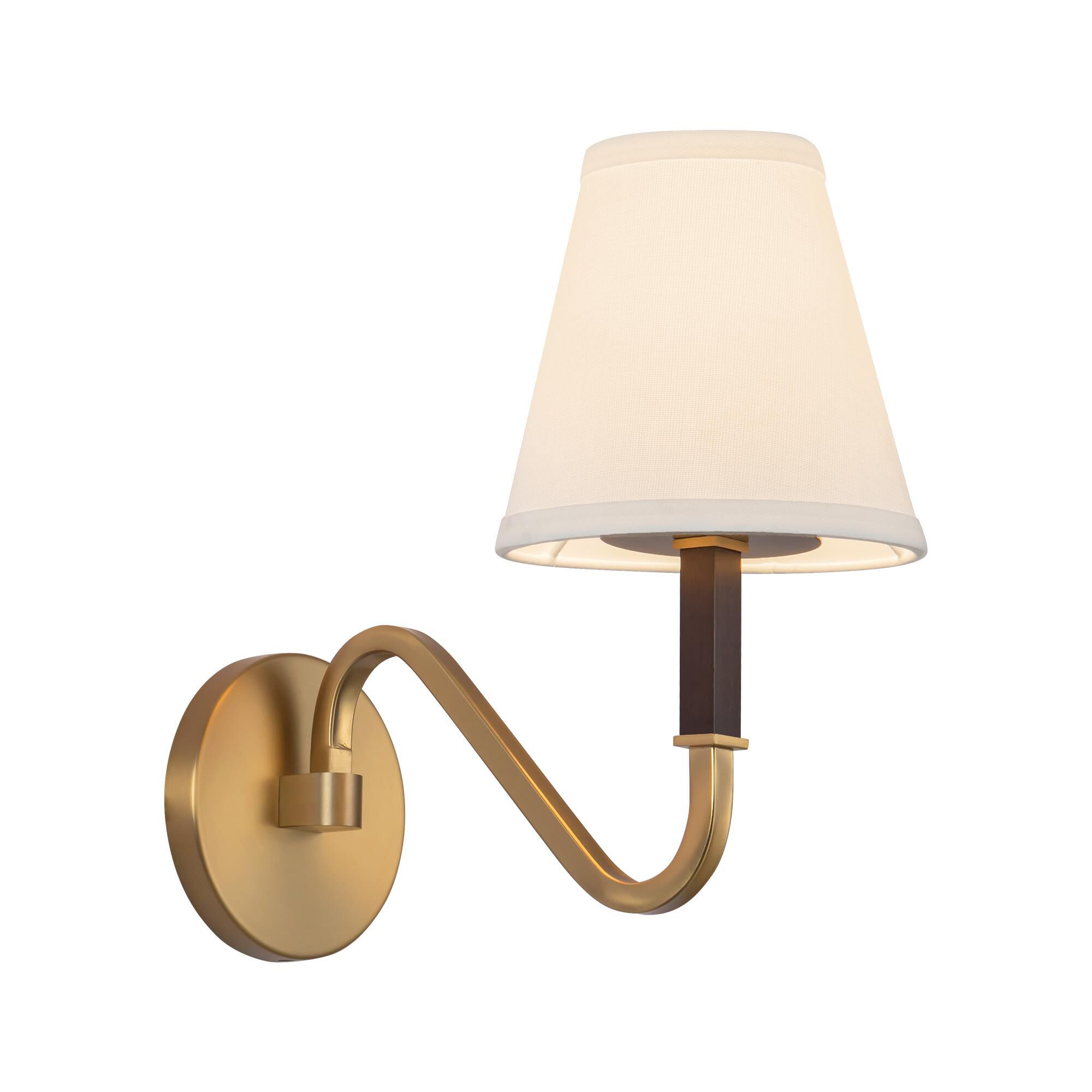 Shown in Brushed Gold finish and White Linen shade