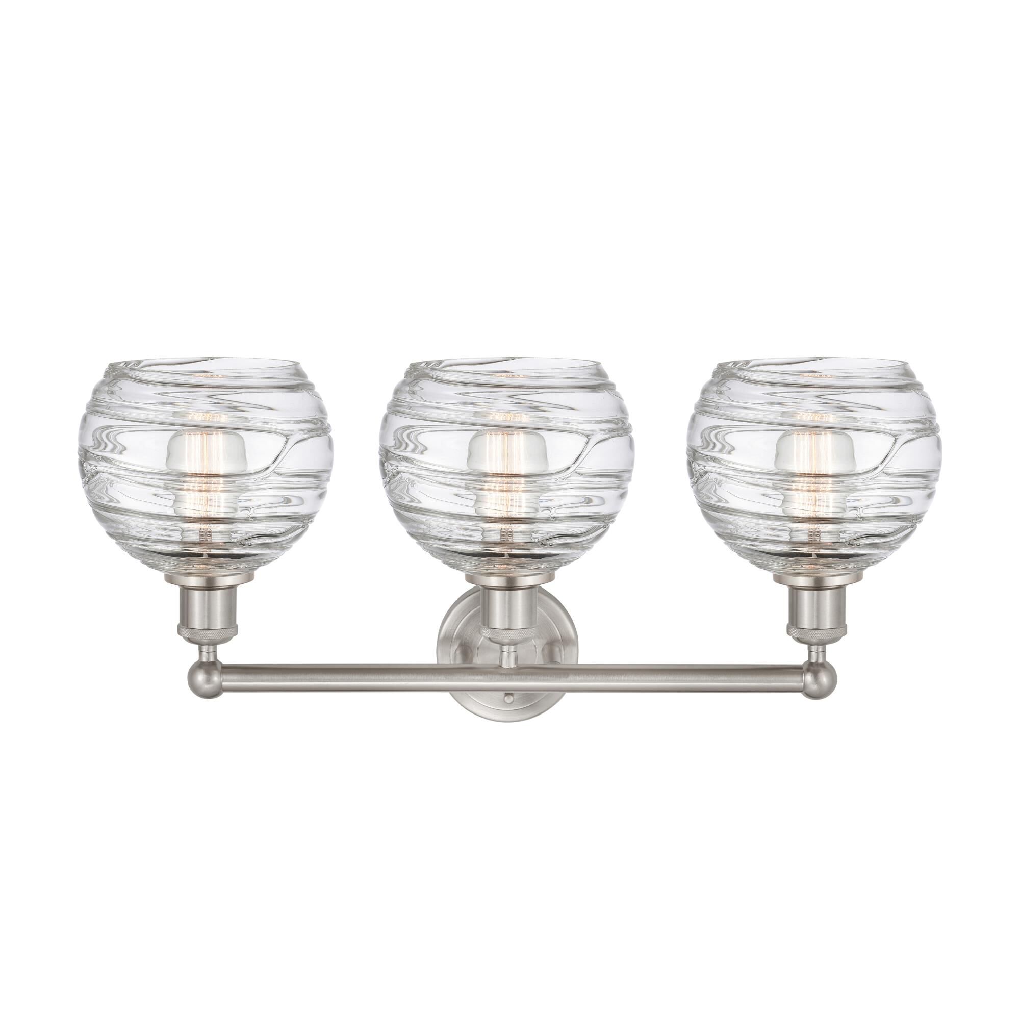 Shown in Satin Nickel finish and Clear Deco Swirl glass