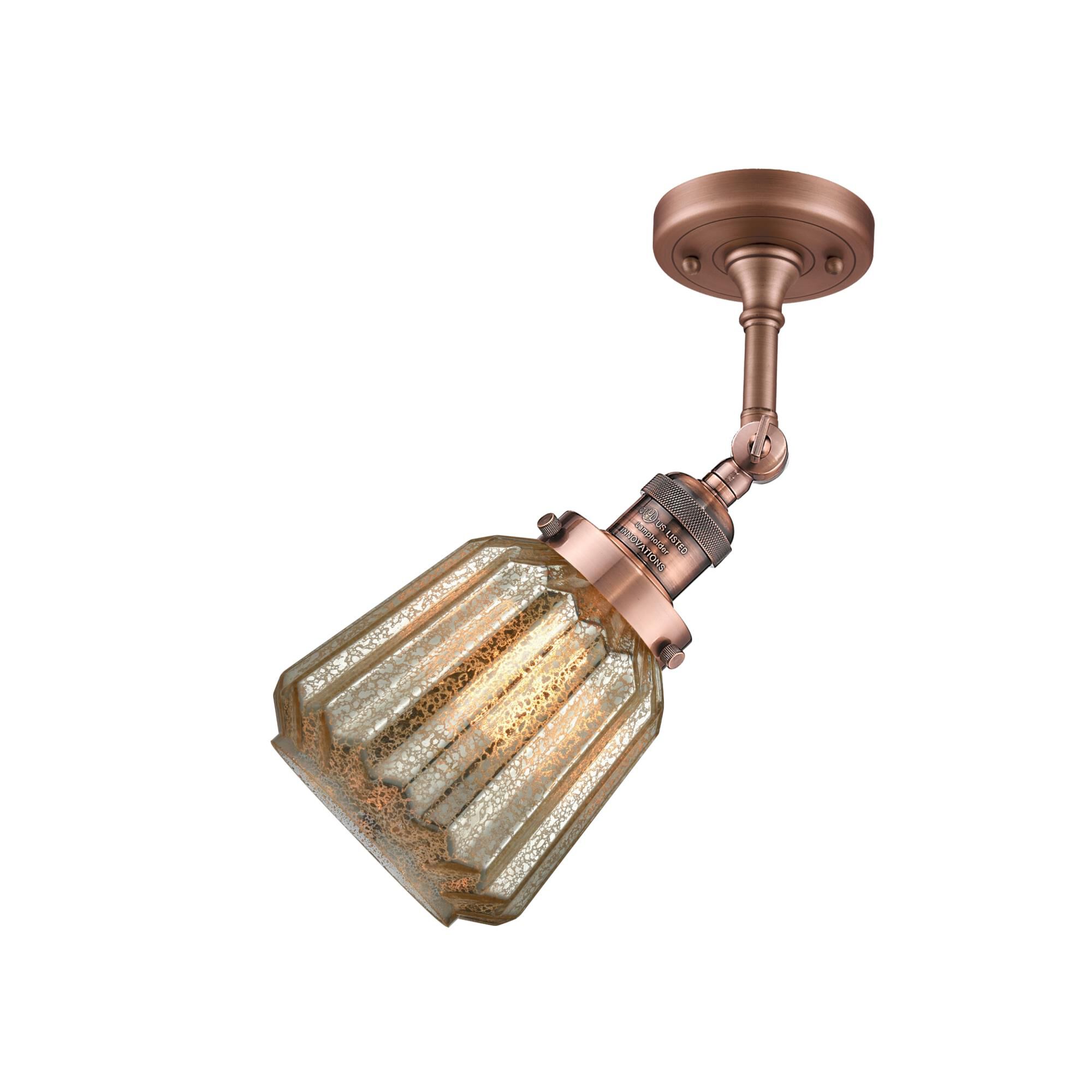 Shown in Antique Copper finish and Mercury Fluted glass and None accent
