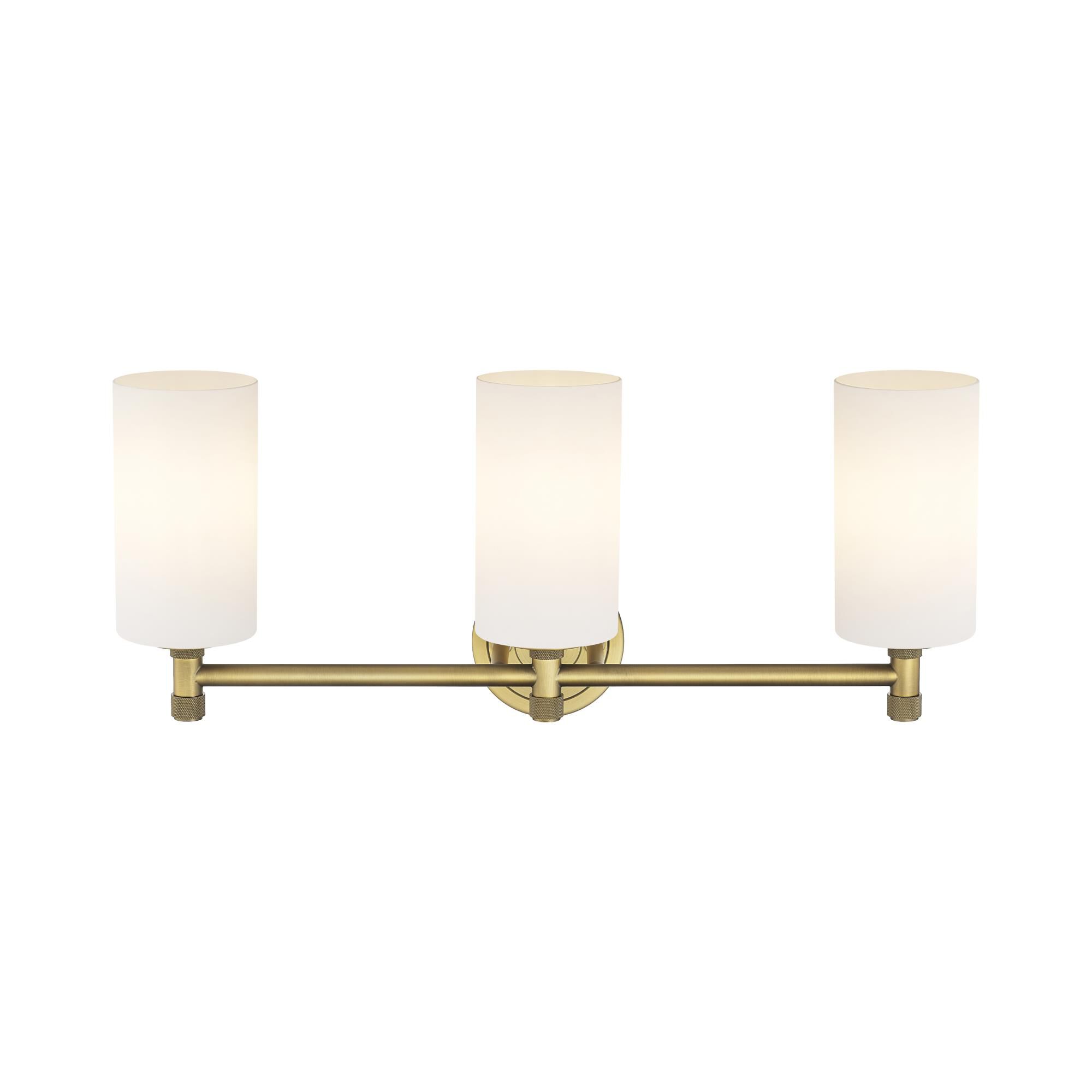 Shown in Brushed Brass finish and Matte White glass