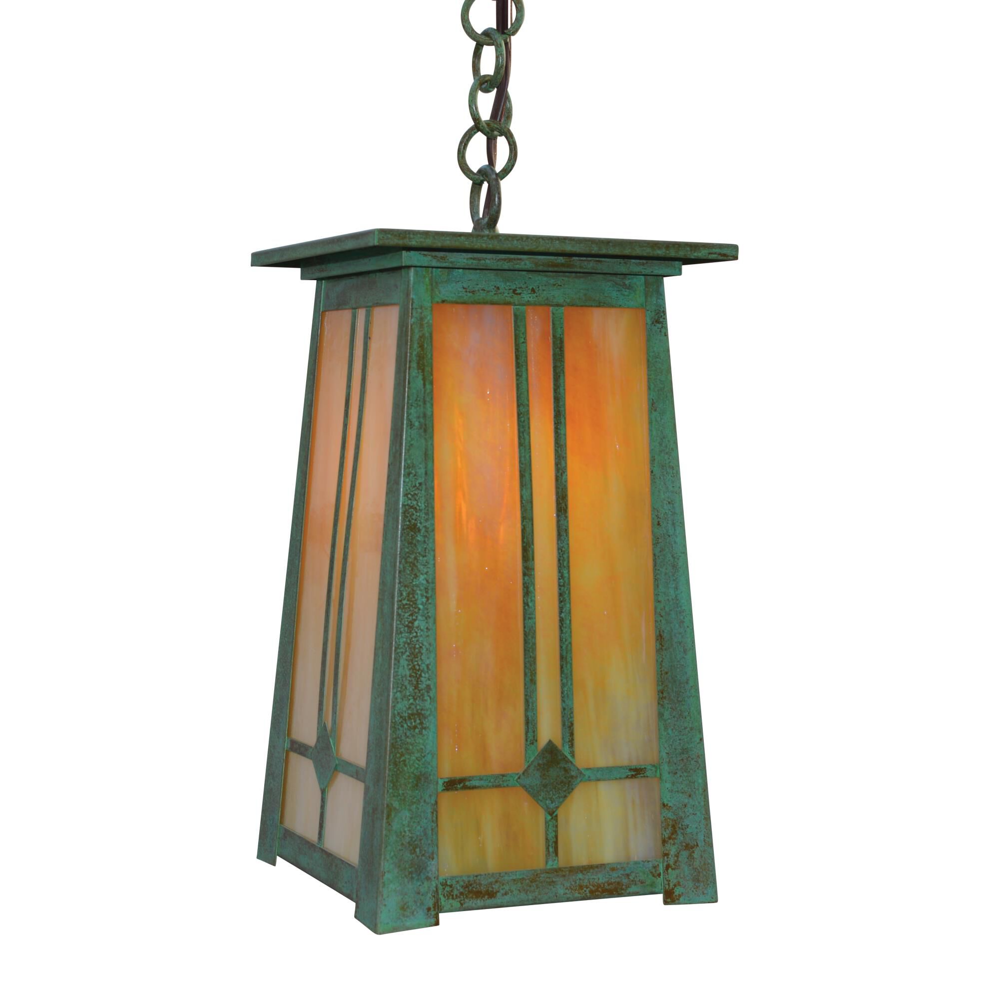Shown in Verdigris Patina finish and Gold White Iridescent glass