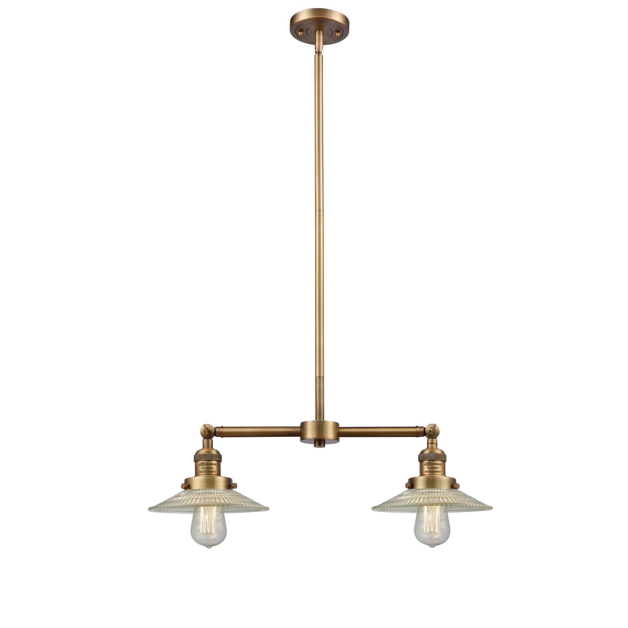 Shown in Brushed Brass finish and Clear Halophane glass