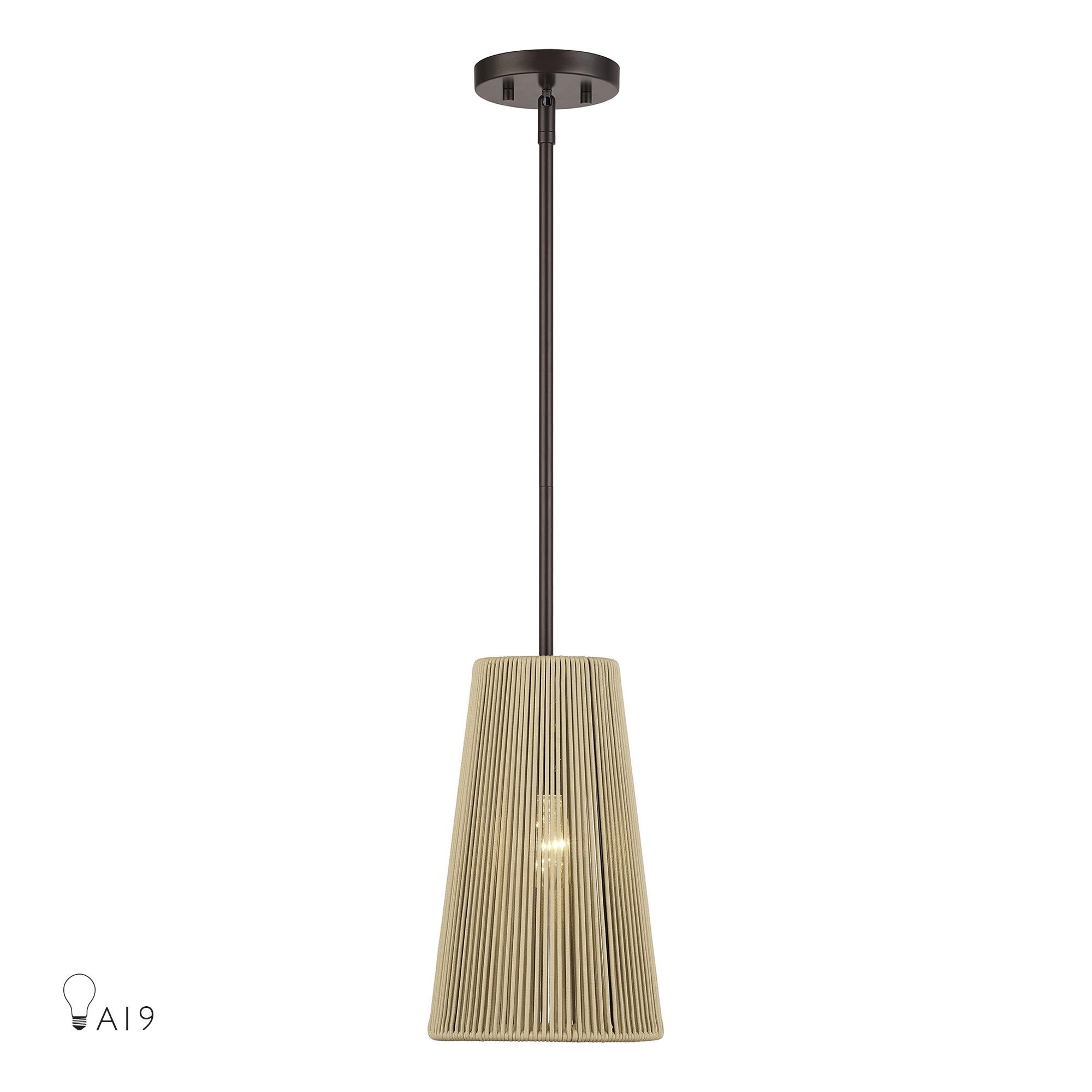 Shown in English Bronze finish and Hand-Woven Venetian Gold Color Polyester Rope shade