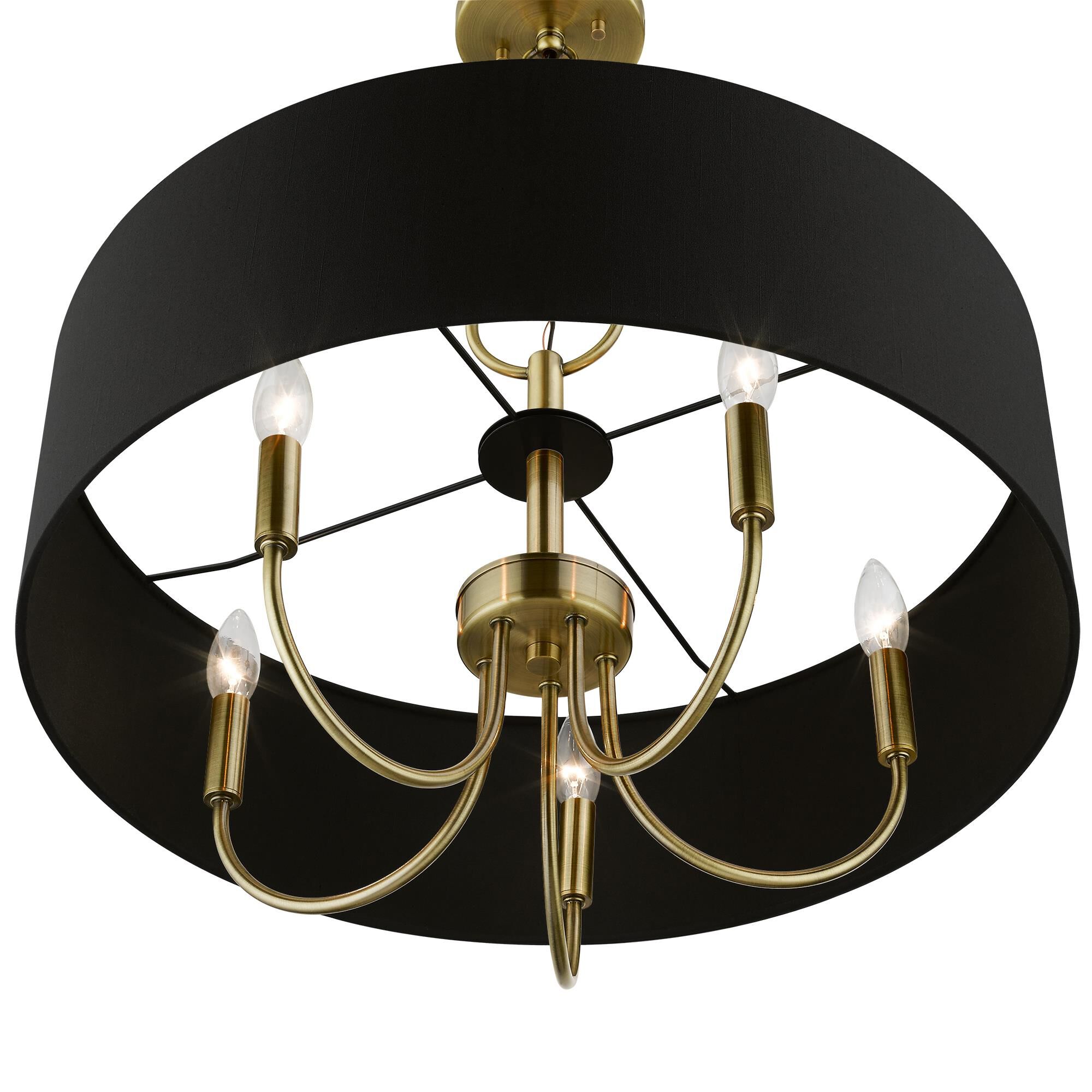 Shown in Antique Brass finish and Black Fabric Hardback shade