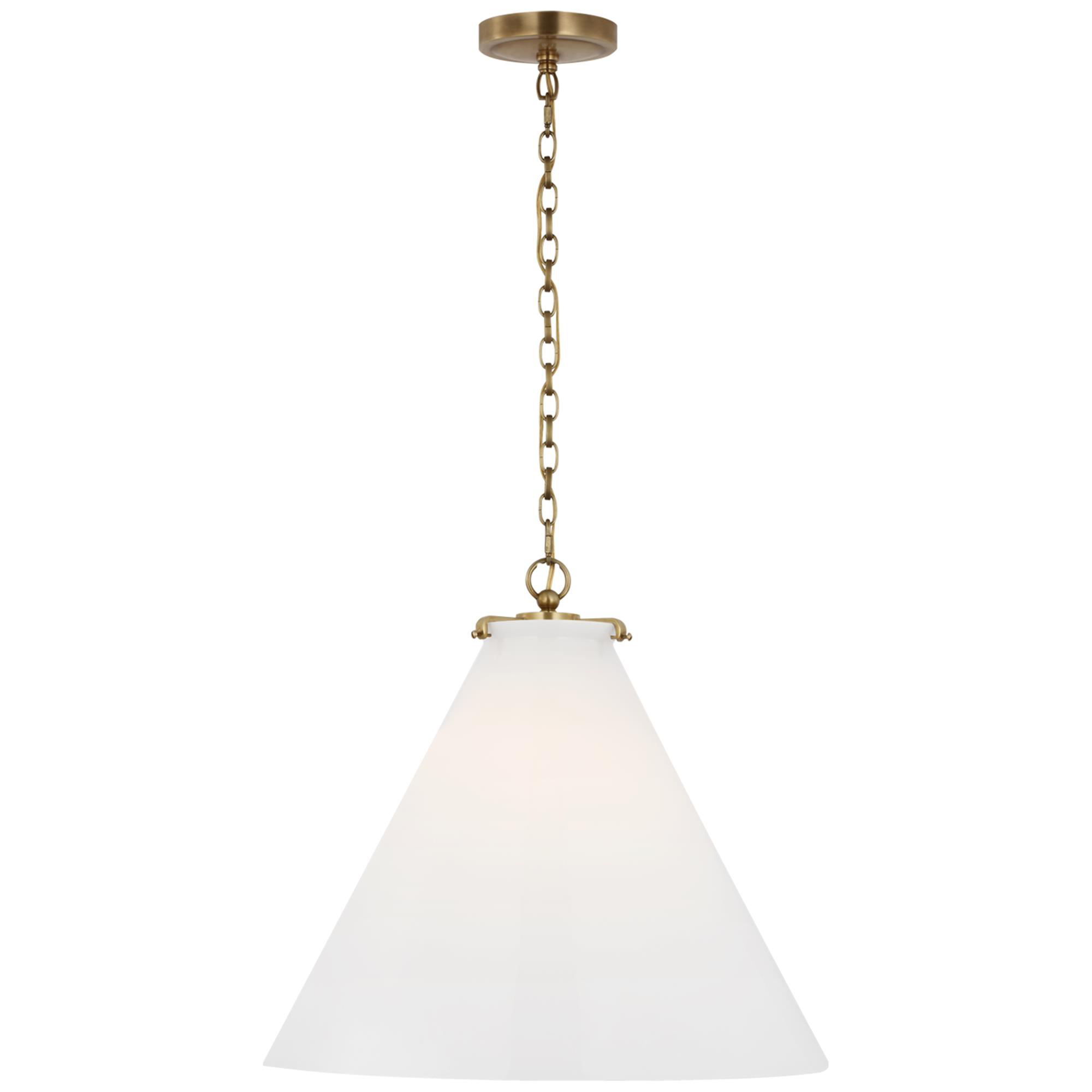 Shown in Hand-Rubbed Antique Brass finish and White glass
