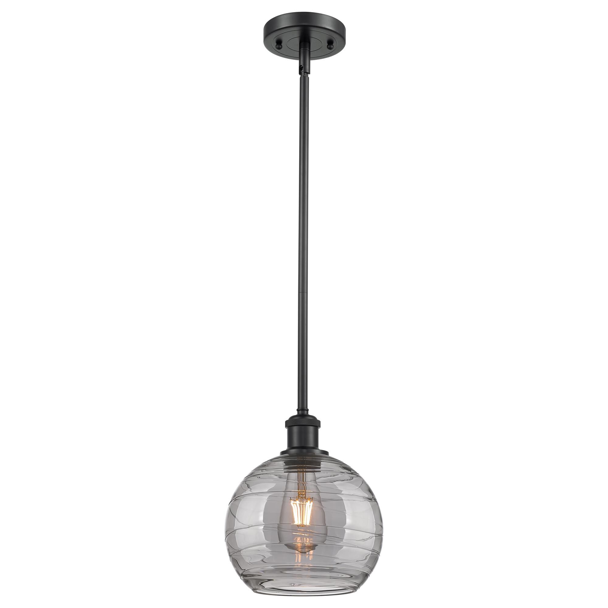 Shown in Matte Black finish and Light Smoke Deco Swirl glass