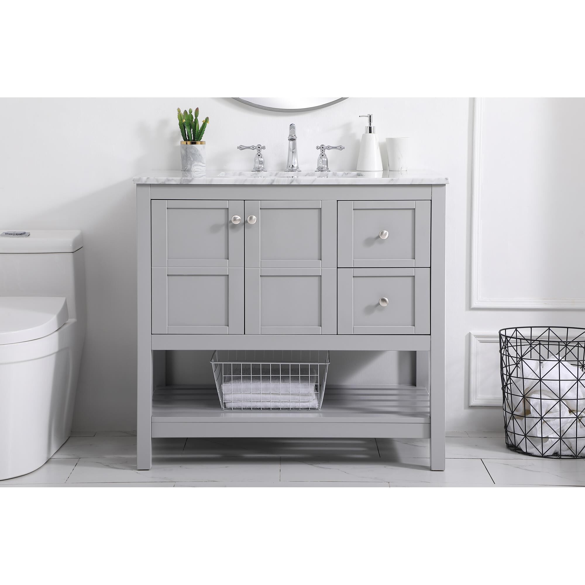 Shown in Gray And Brushed Nickel With Carrara White Marble finish