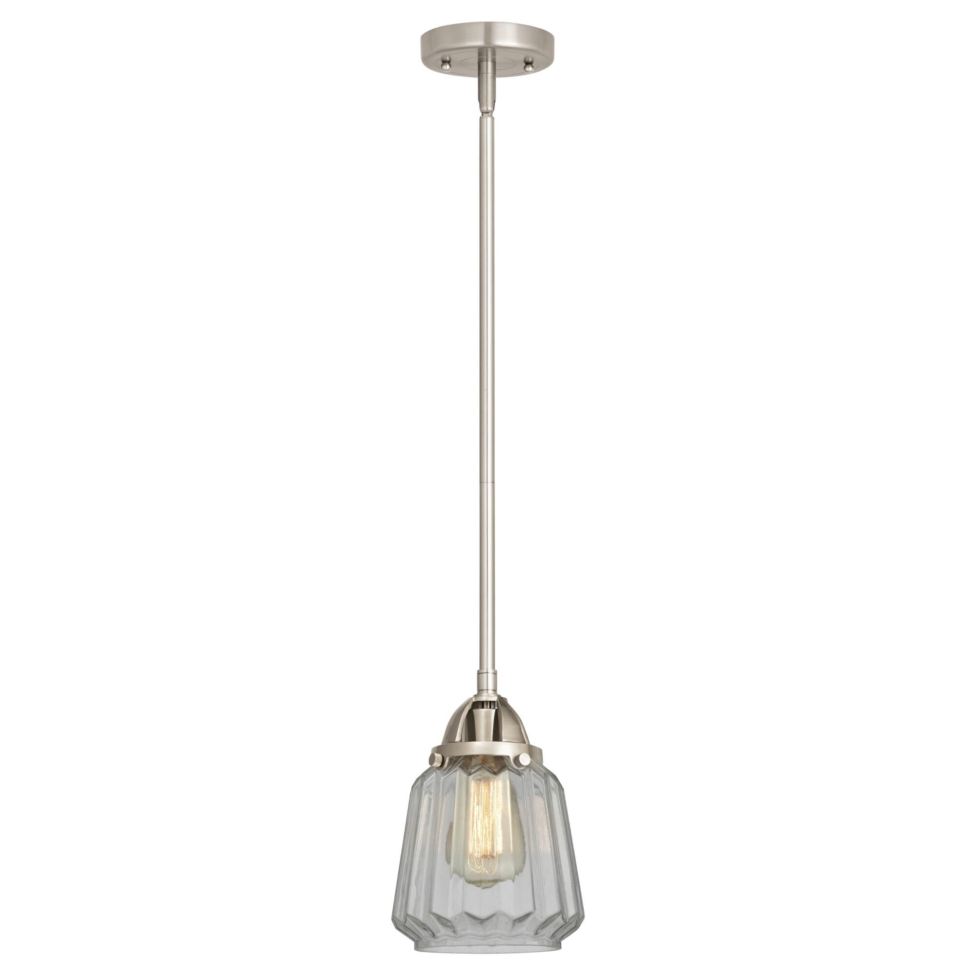 Shown in Brushed Satin Nickel finish and Clear Chatham glass and No Shade shade