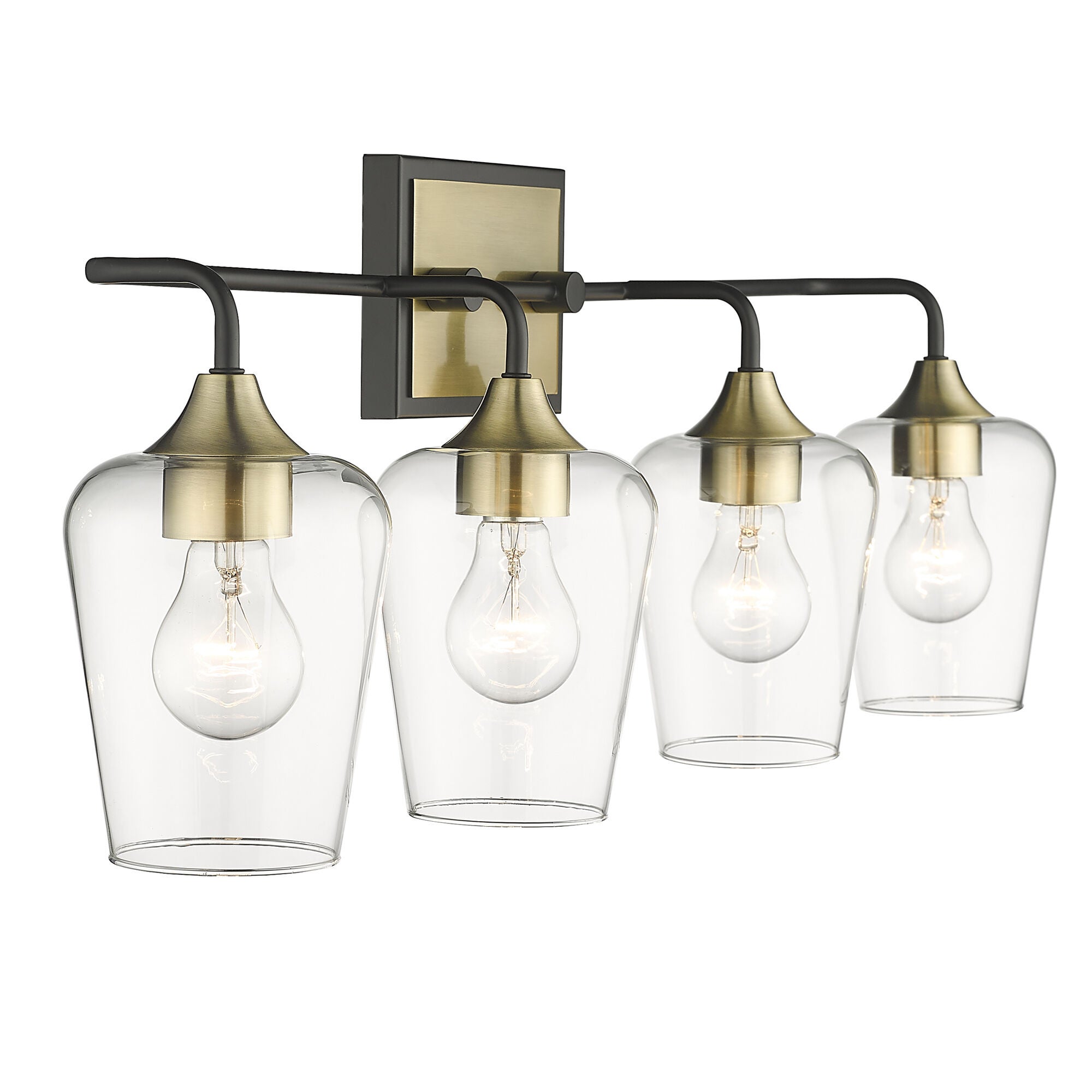 Shown in Antique Brass And Black finish and Clear Glass shade