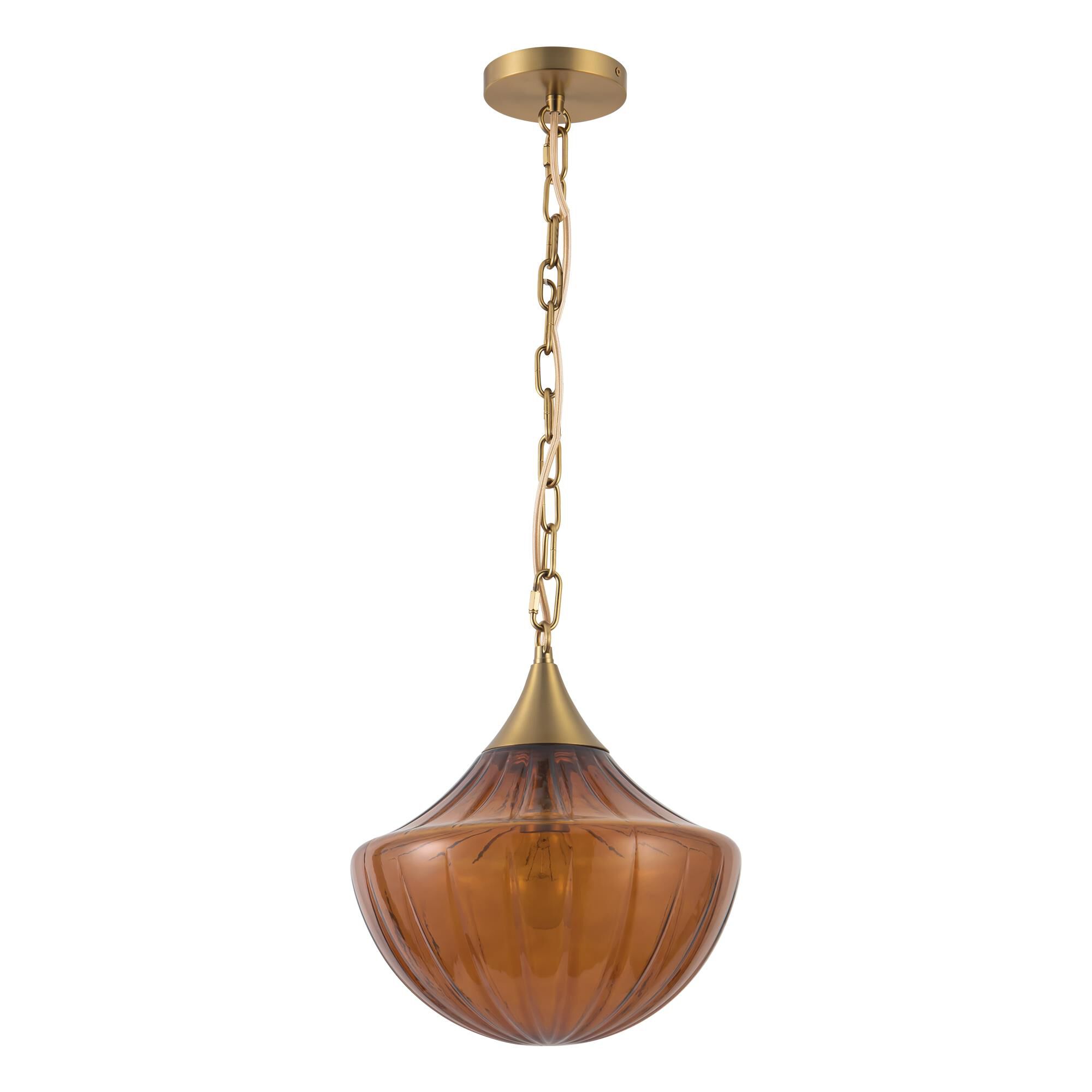 Shown in Brushed Gold finish and Amber Ribbed glass