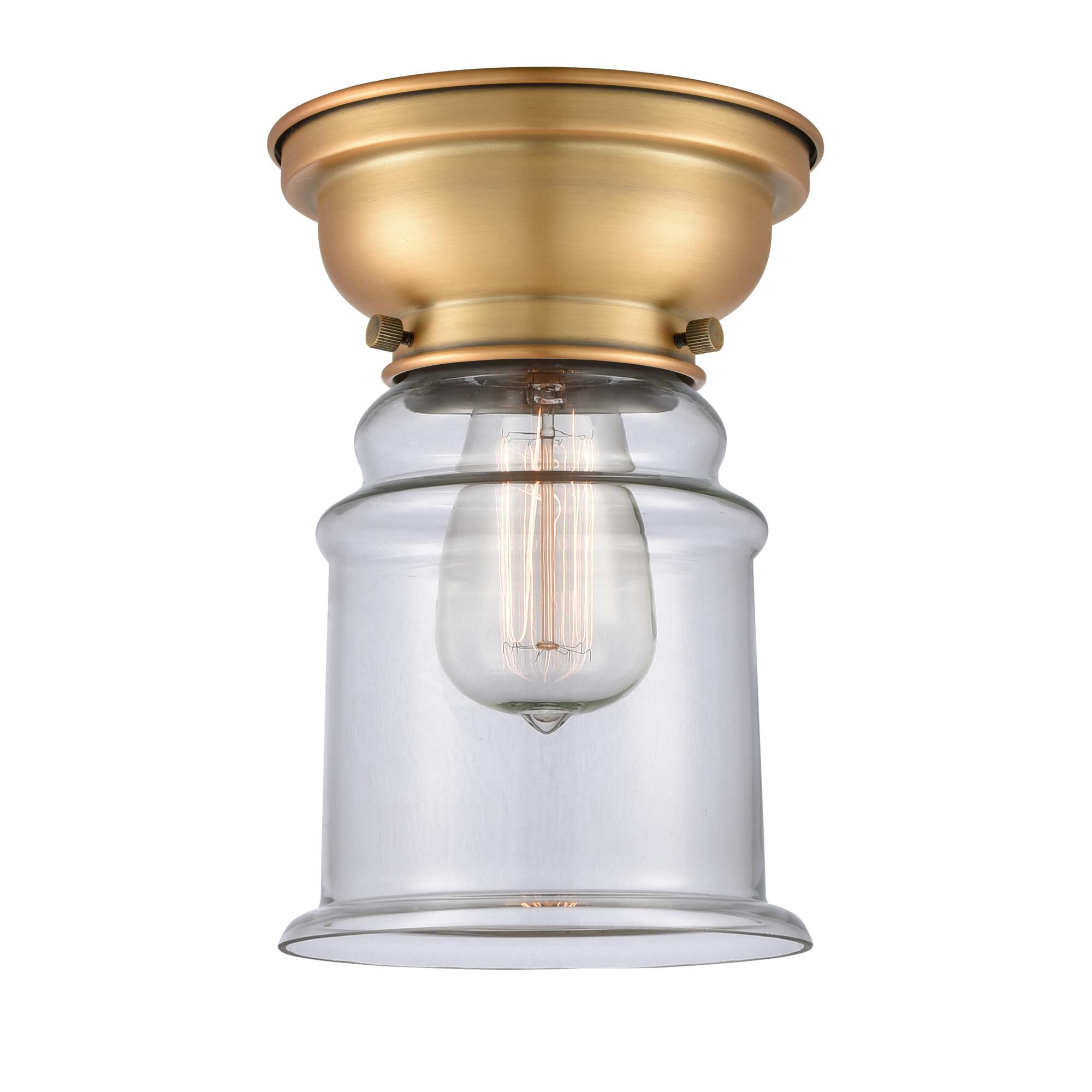 Shown in Brushed Brass finish and Clear Canton glass