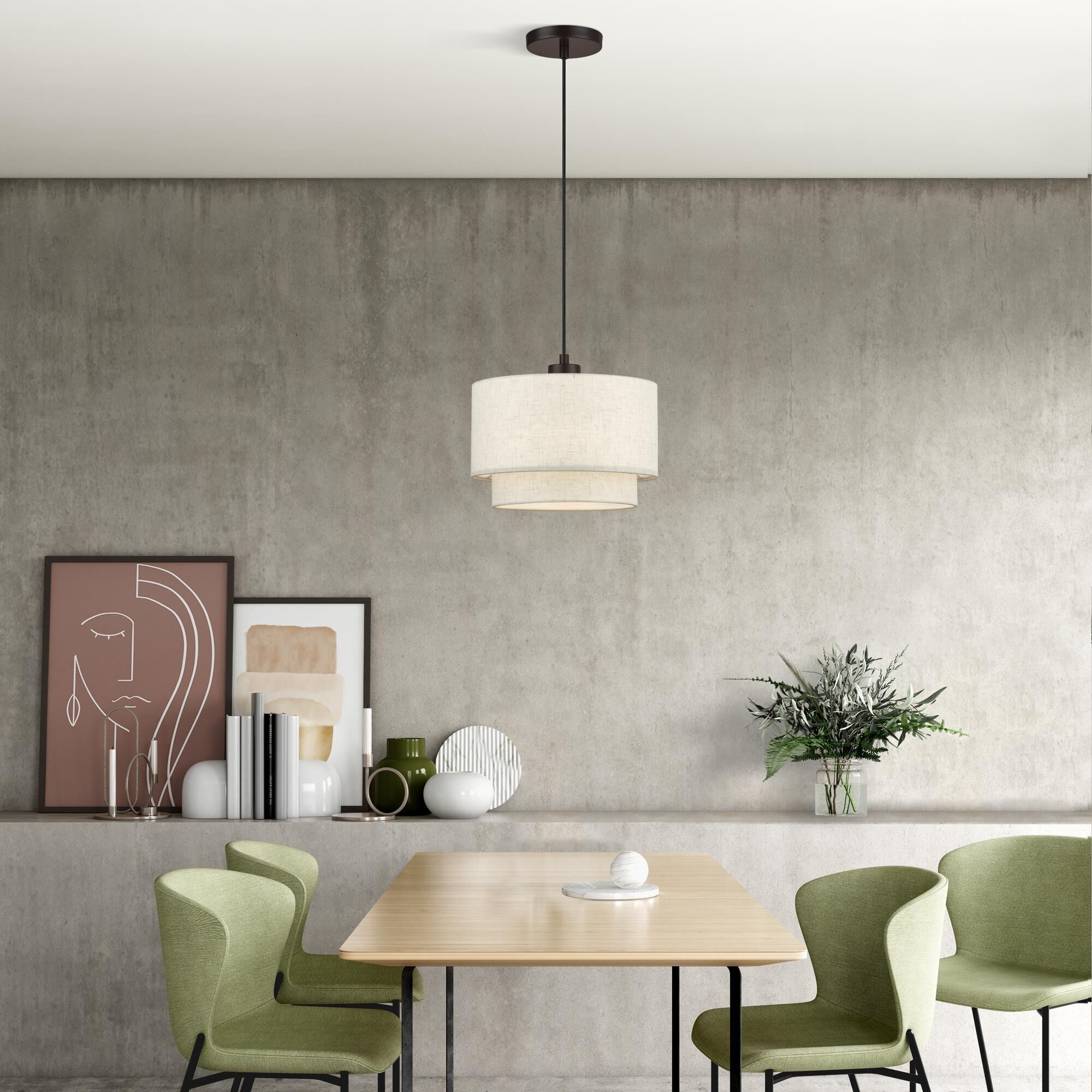 Shown in English Bronze finish and Hand Crafted Oatmeal Color Fabric with White Color Inside shade