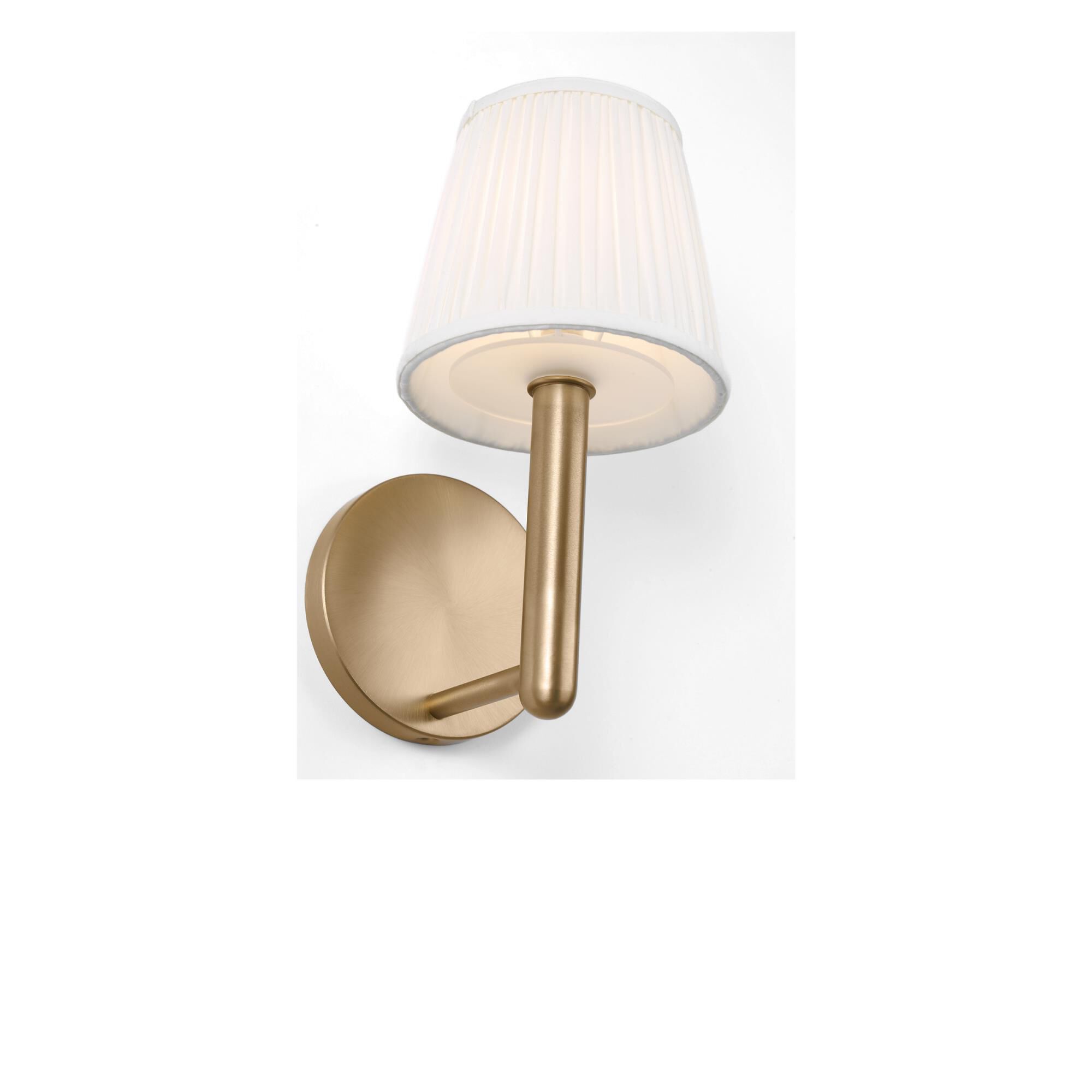 Shown in Satin Brass finish and Mushroom Pleat Fabric shade