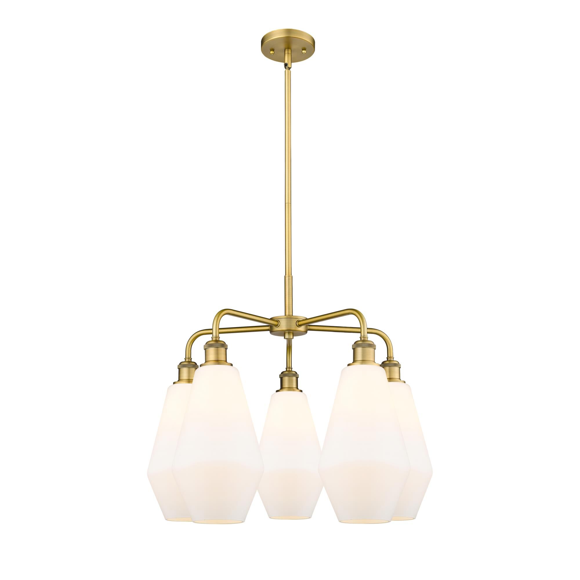 Shown in Brushed Brass finish and Cased Matte White glass