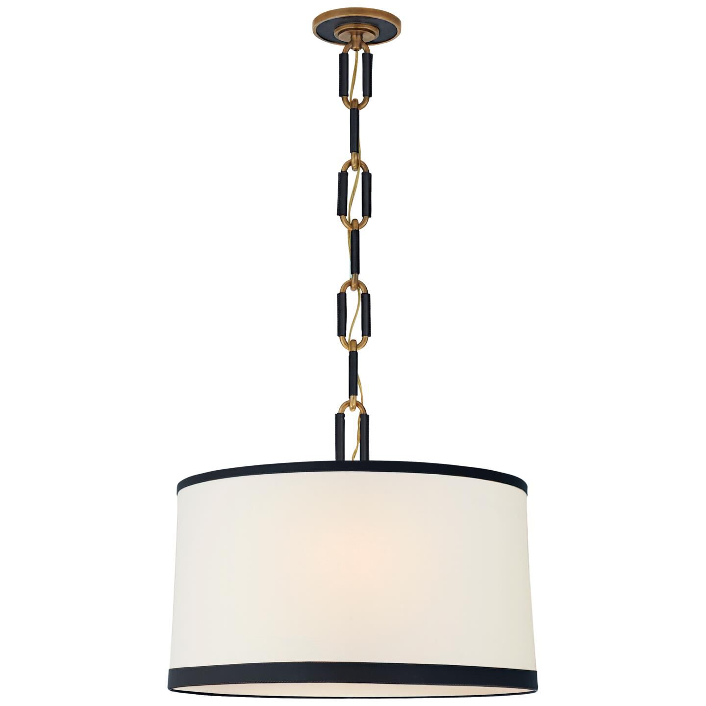 Shown in Natural Brass With Navy Leather finish and Linen shade