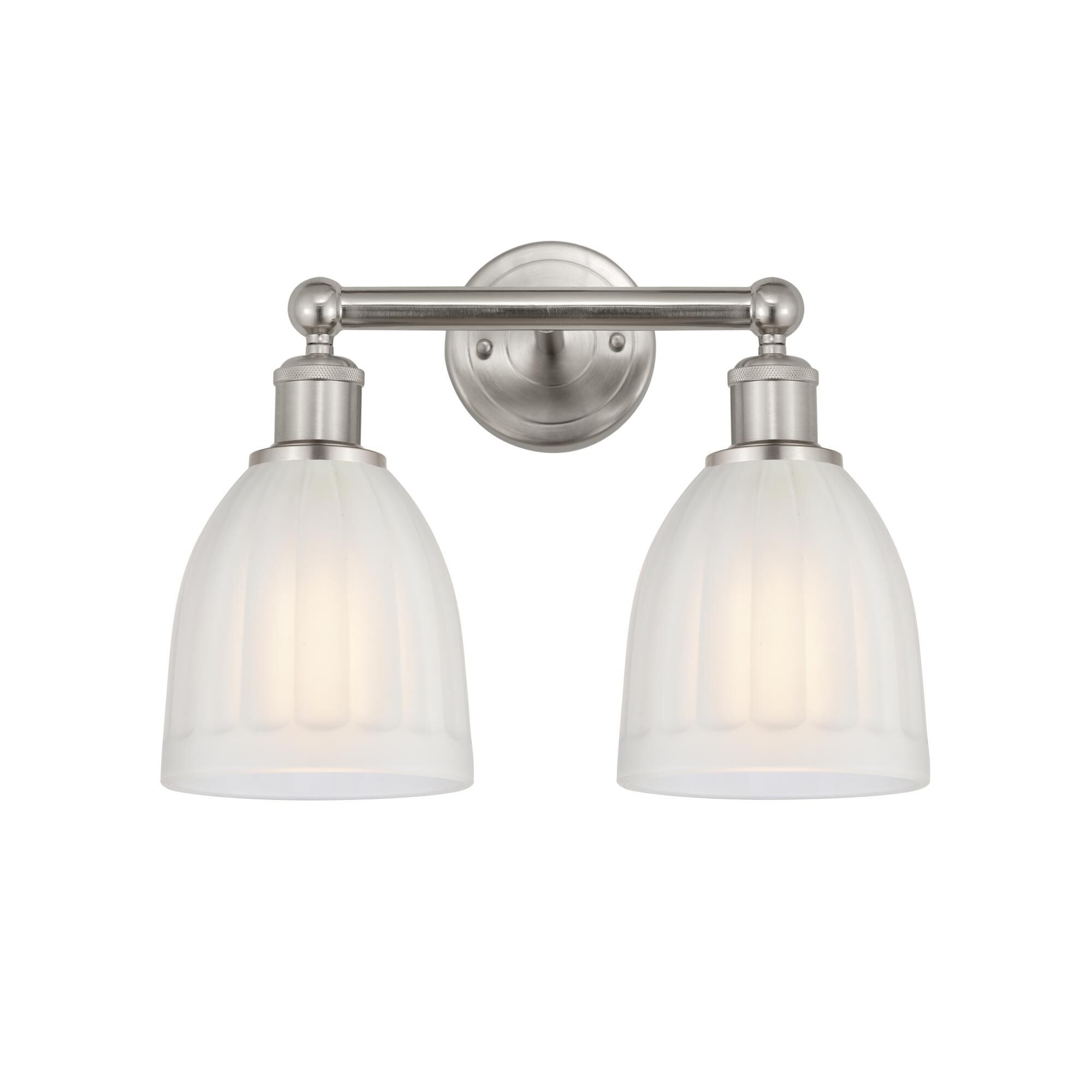 Shown in Brushed Satin Nickel, White finish and White glass and White Glass shade