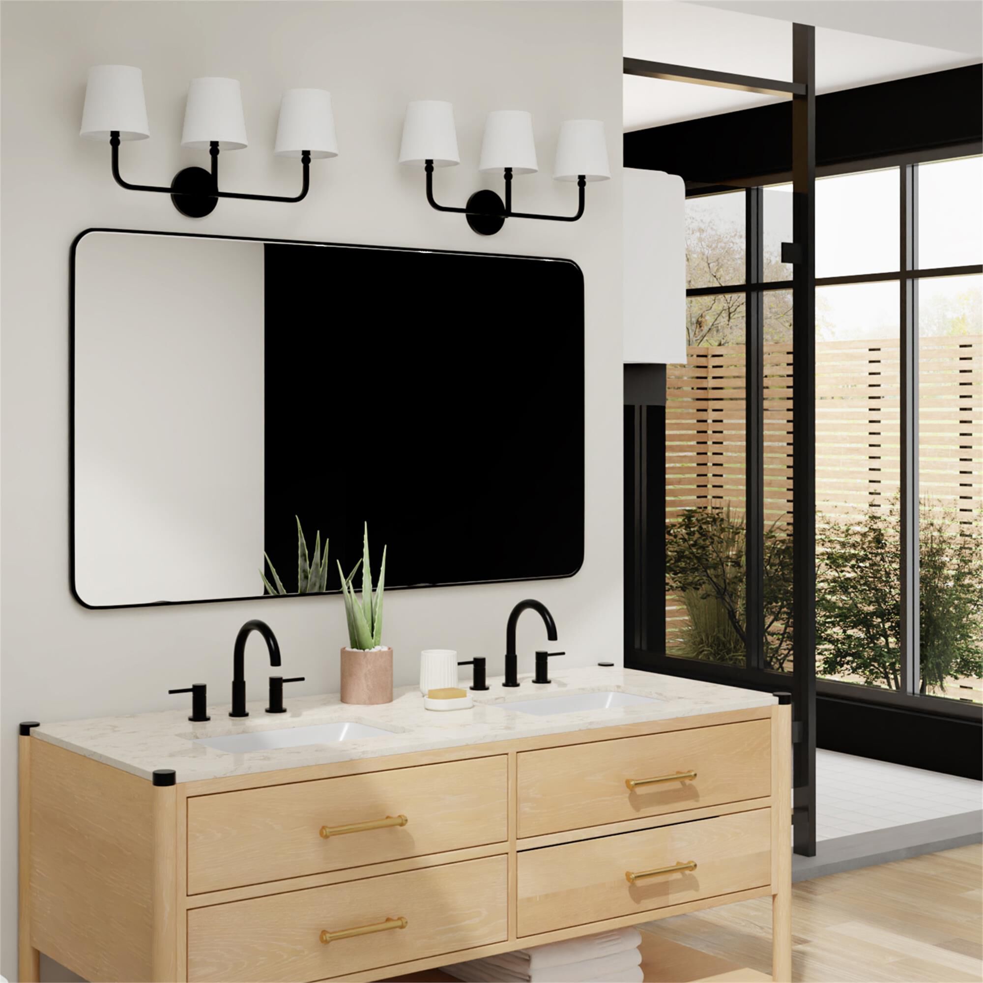 Shown in Matte Black finish and White Fabric Stay-Straight shade