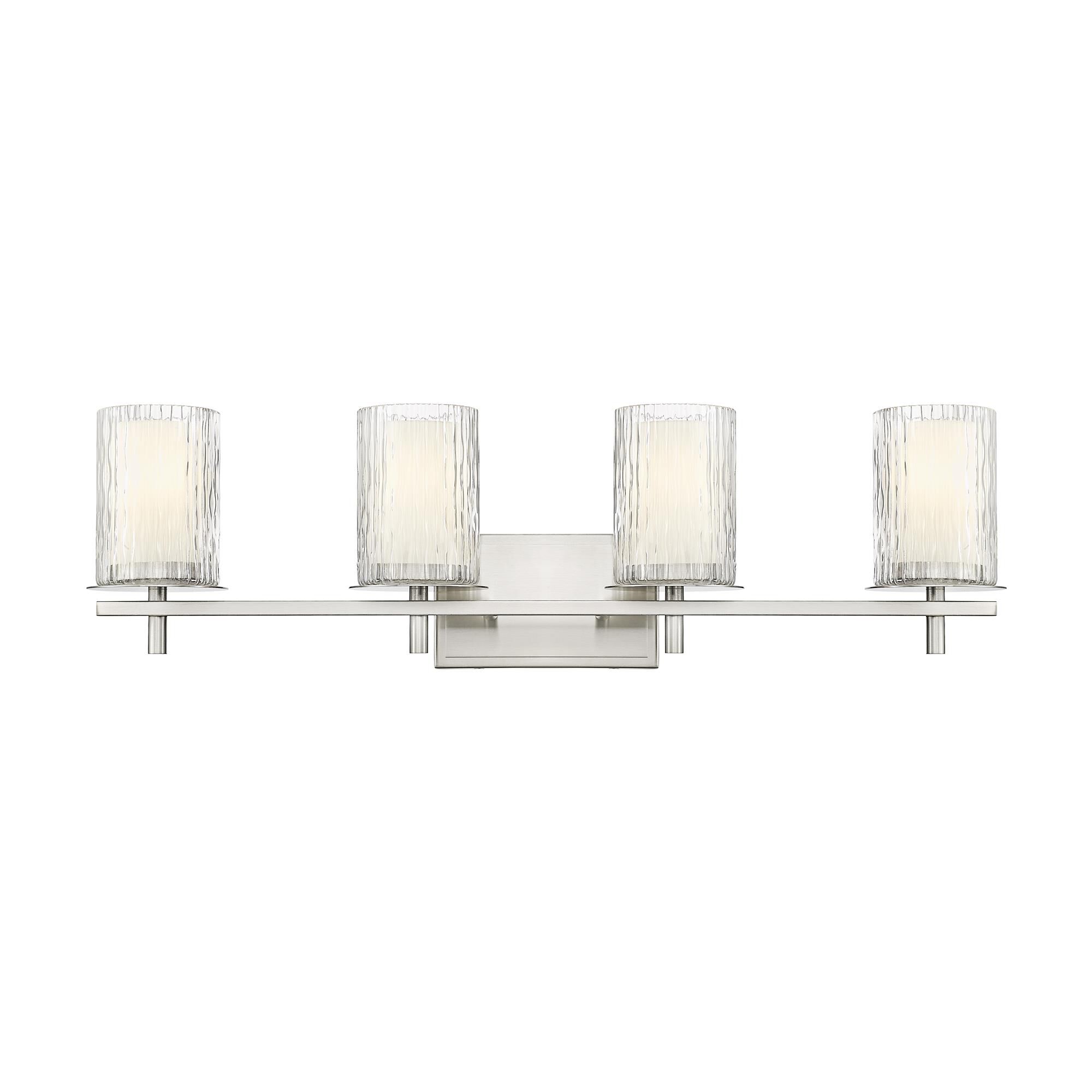 Shown in Brushed Nickel finish and Clear + Etched Opal glass and Clear + Etched Opal shade