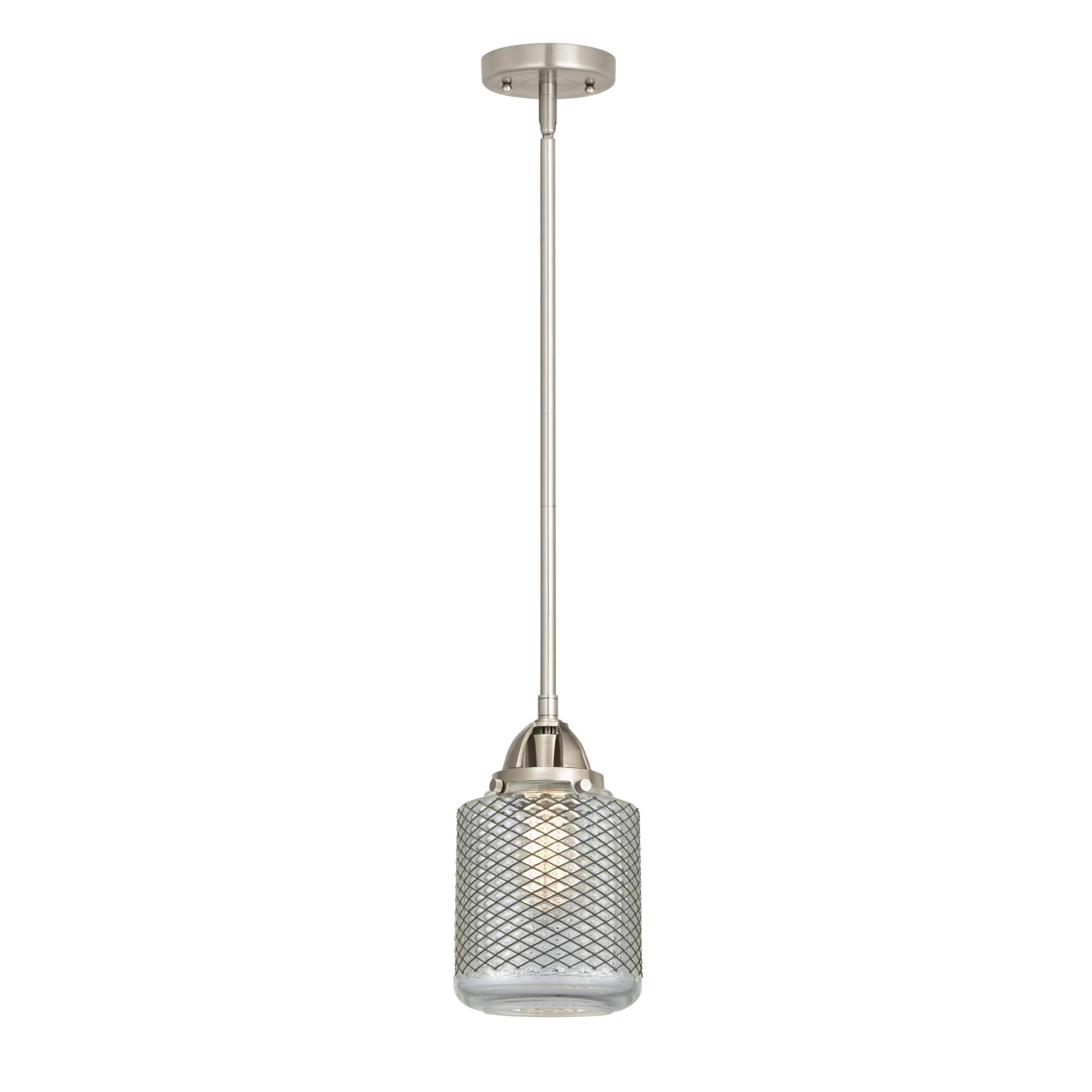 Shown in Brushed Satin Nickel finish and Vintage Wire Mesh Stanton glass and No Shade shade
