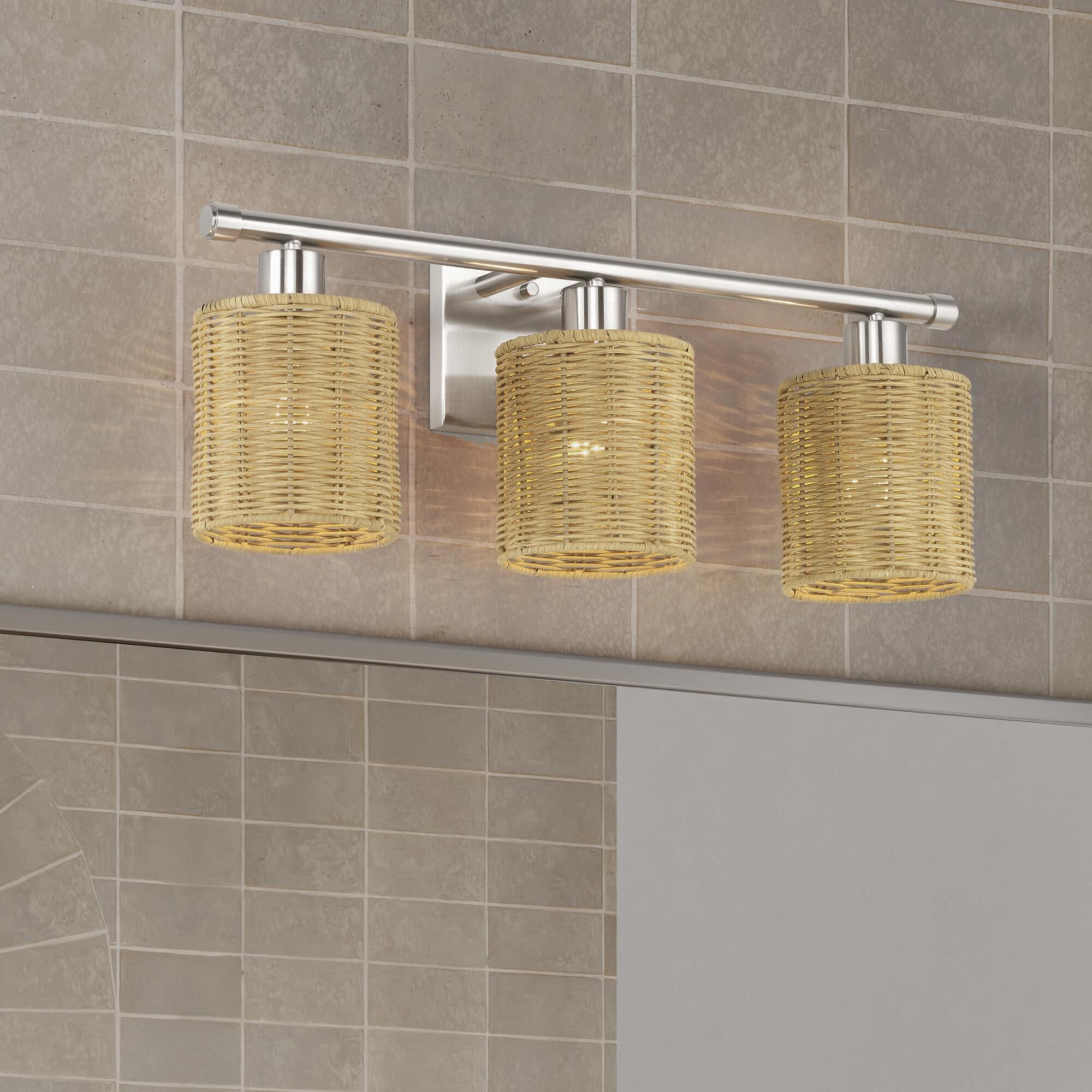 Shown in Brushed Nickel finish and Hand-Woven Rustic Walnut Color Rattan shade