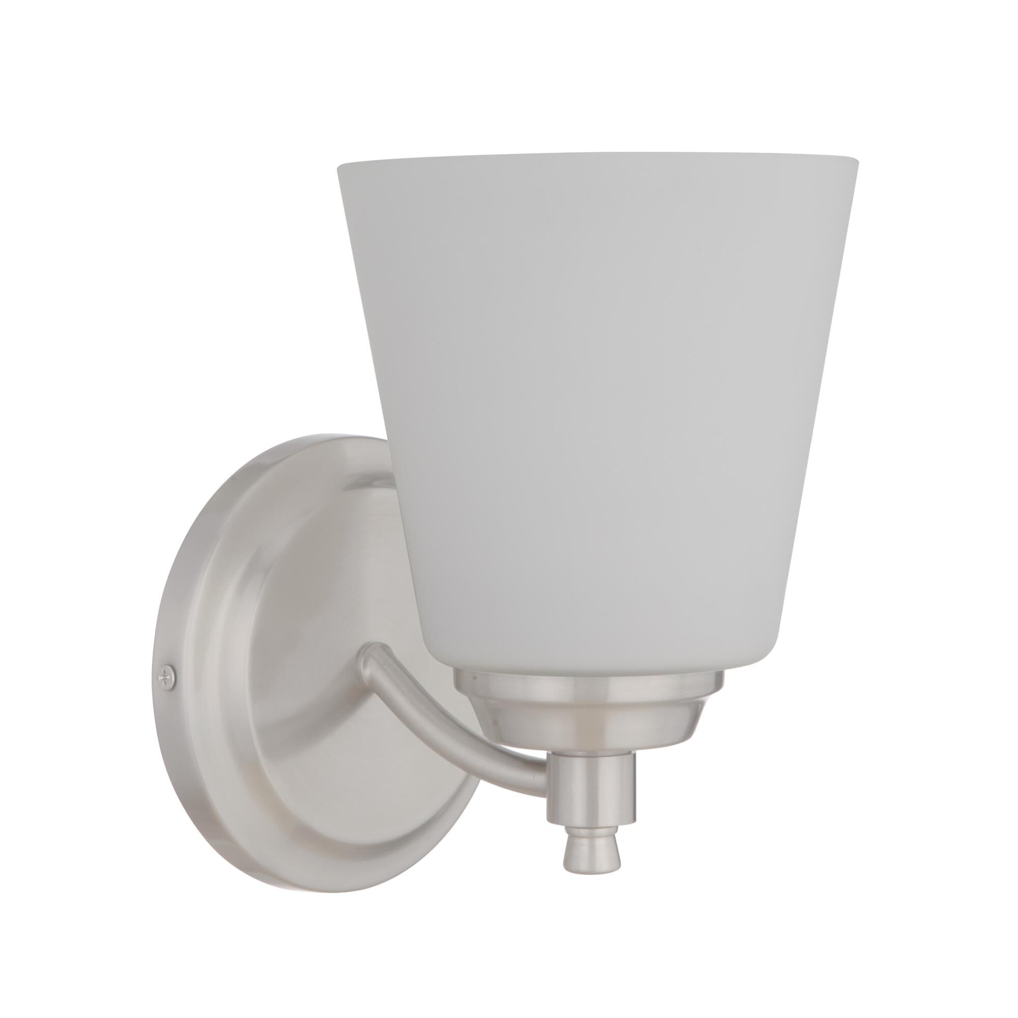 Shown in Brushed Polished Nickel finish and White Frosted glass and Glass shade