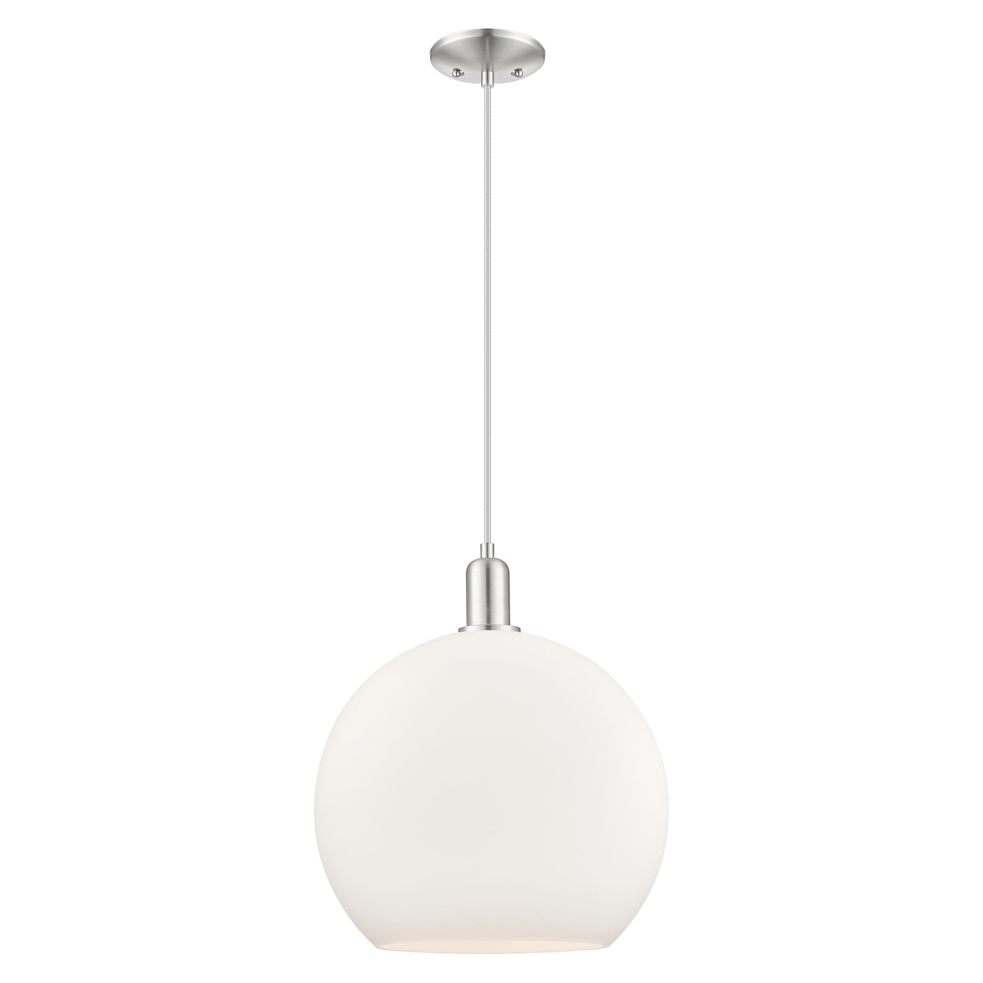 Shown in Brushed Satin Nickel finish and Matte White glass