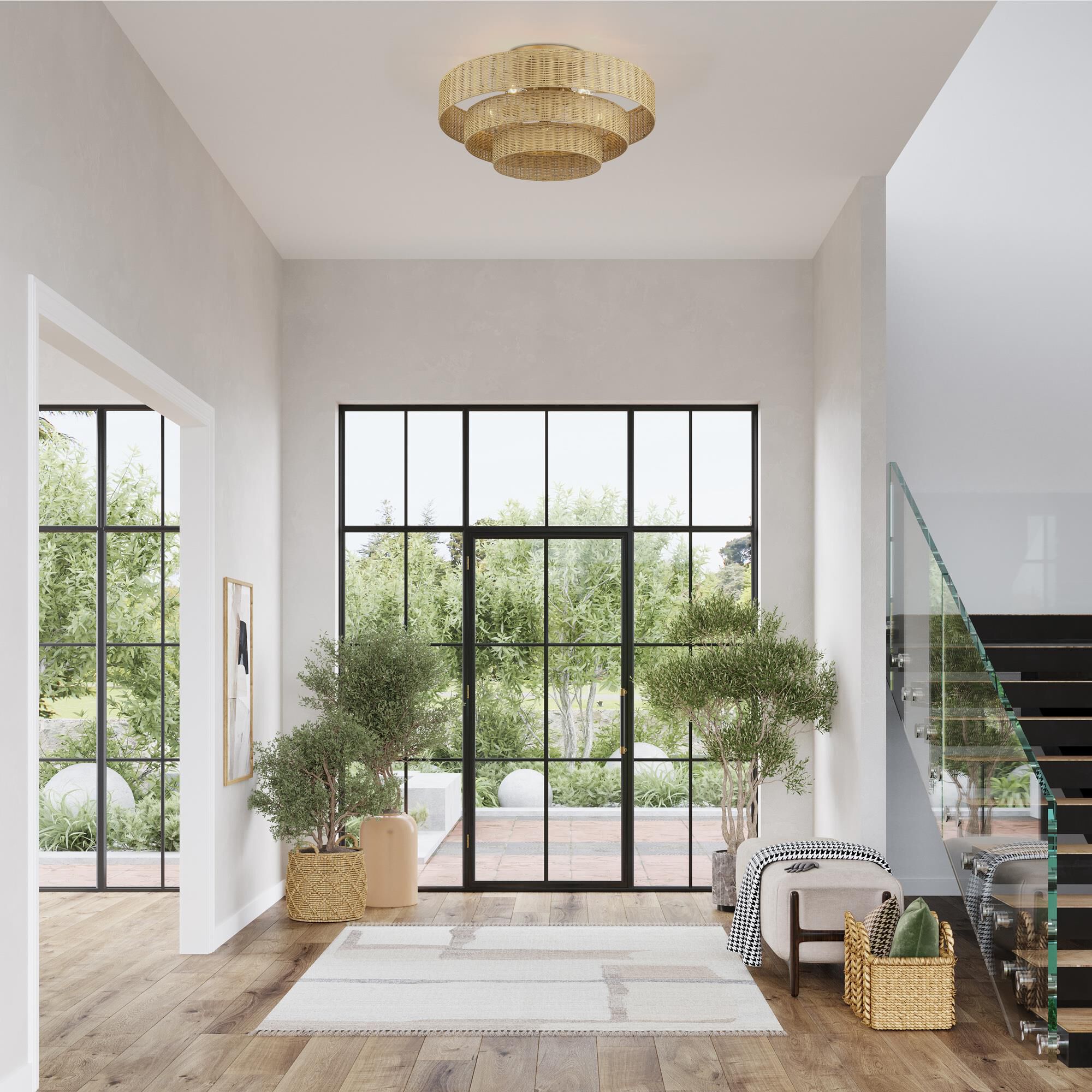 Shown in Antique Gold Leaf finish and Hand-Woven Rustic Walnut Color Rattan shade