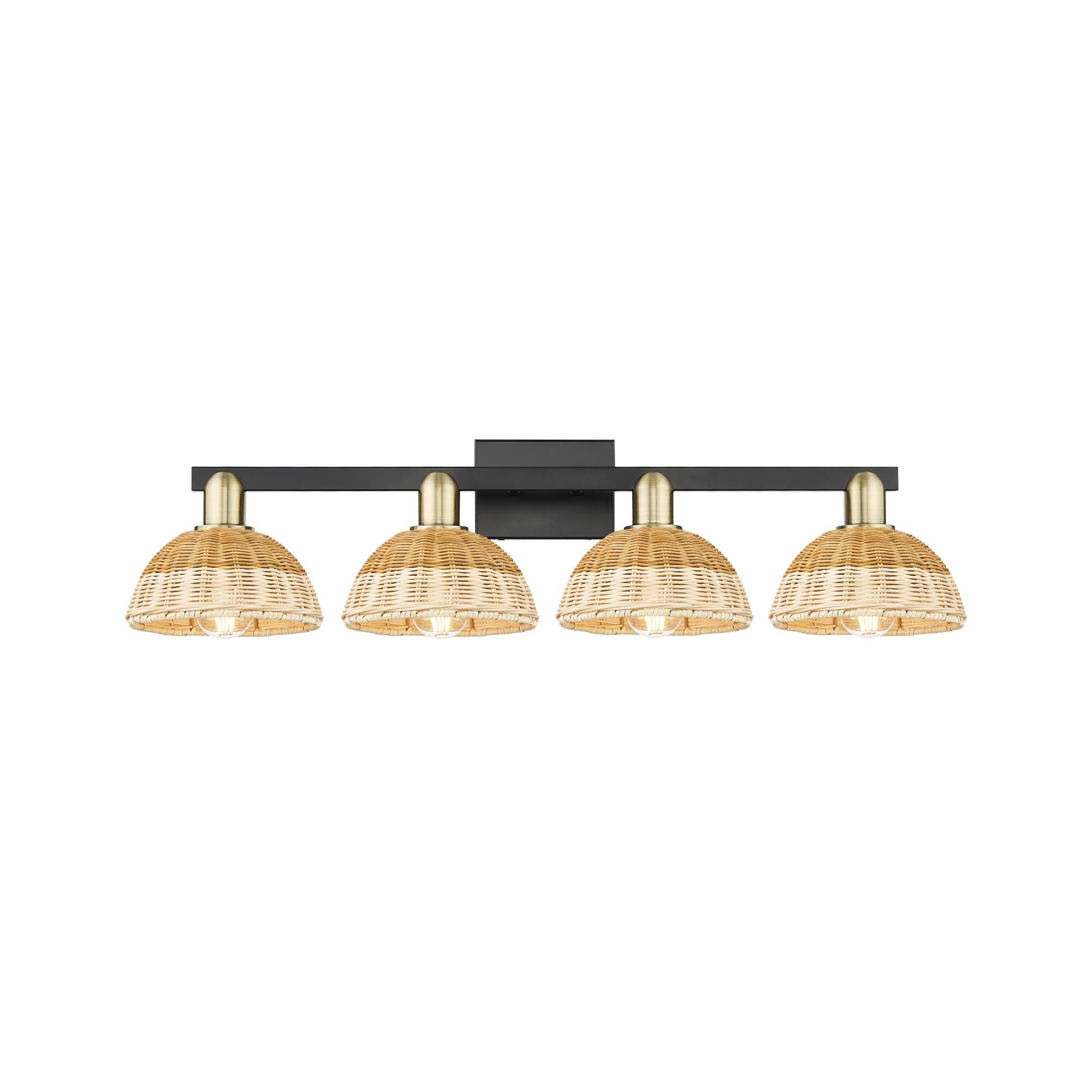 Shown in Black Antique Brass finish and Natural Fiber shade