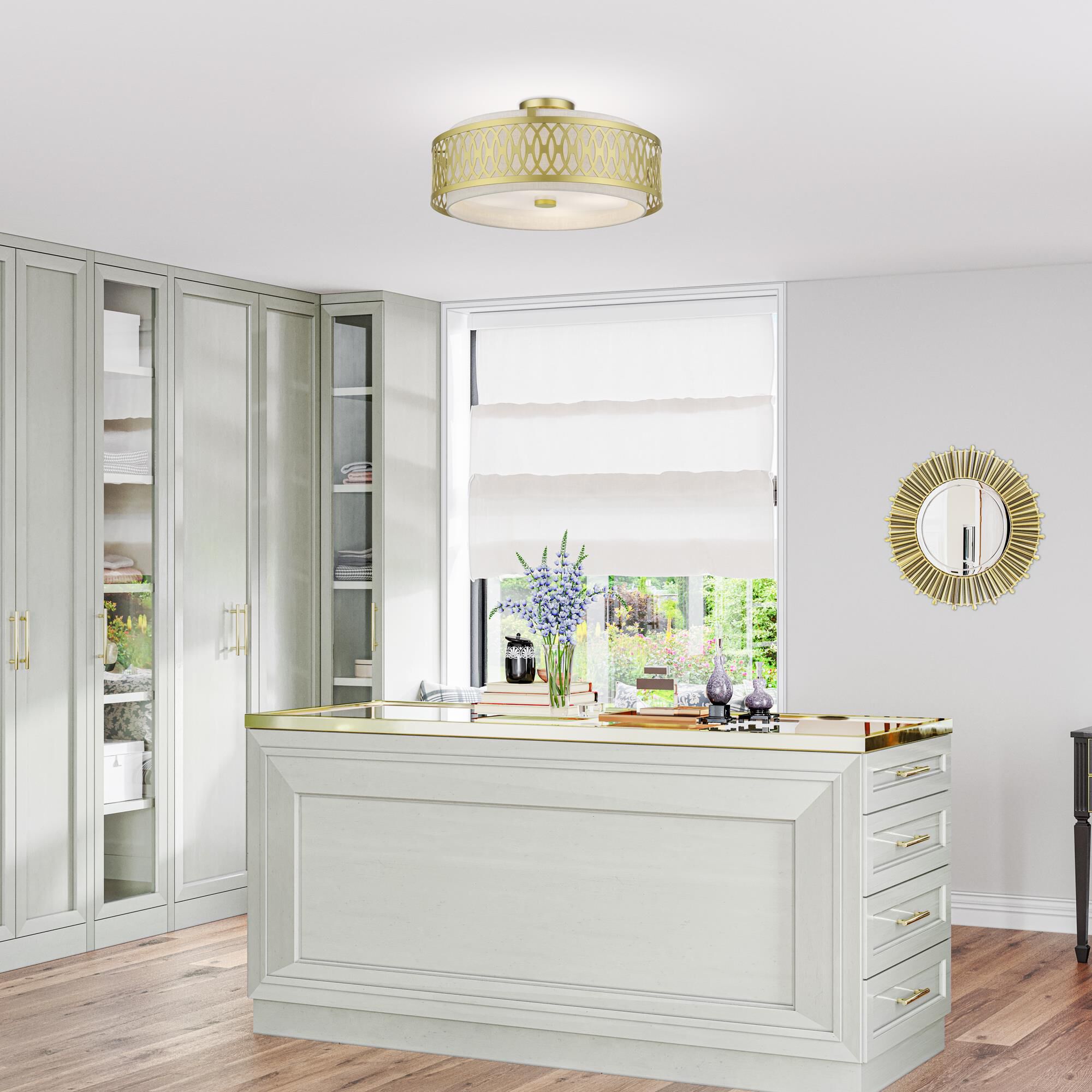 Shown in Soft Gold finish and Hand Crafted Oatmeal Color Hardback shade