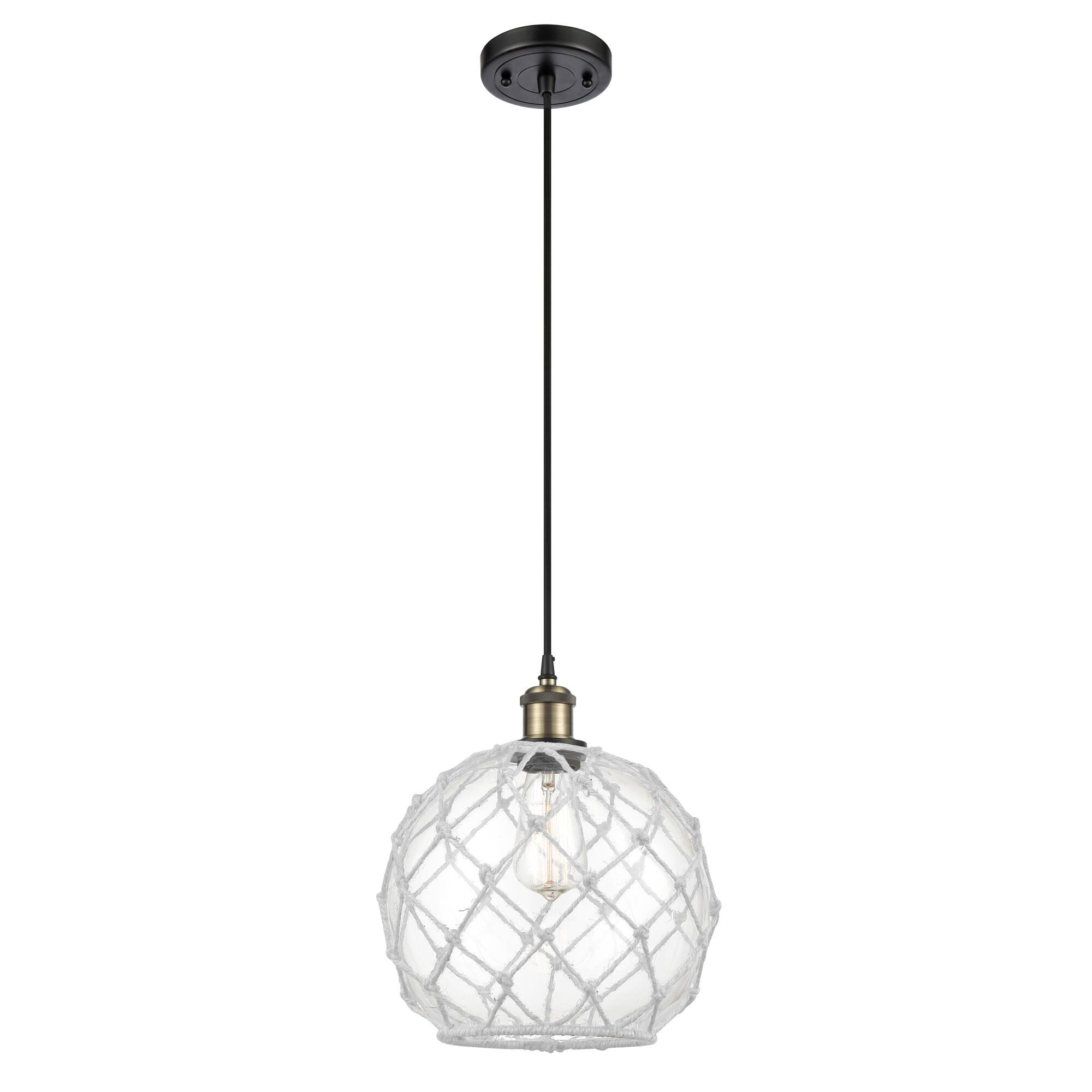 Shown in Black Antique Brass finish and Clear Large Farmhousewith White Rope glass