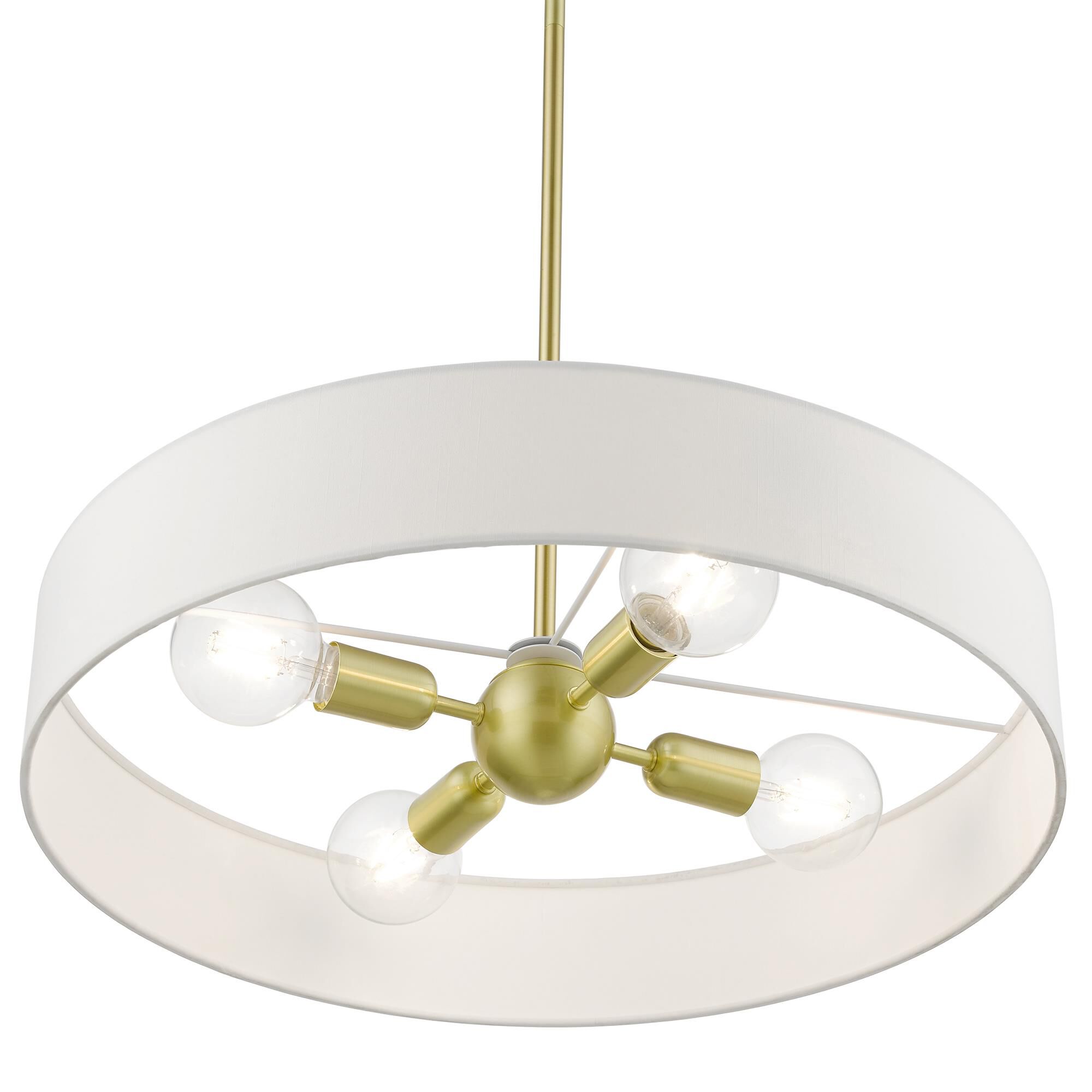Shown in Satin Brass with Shiny White Accents finish and Hand Crafted Off-White Hardback Fabric shade