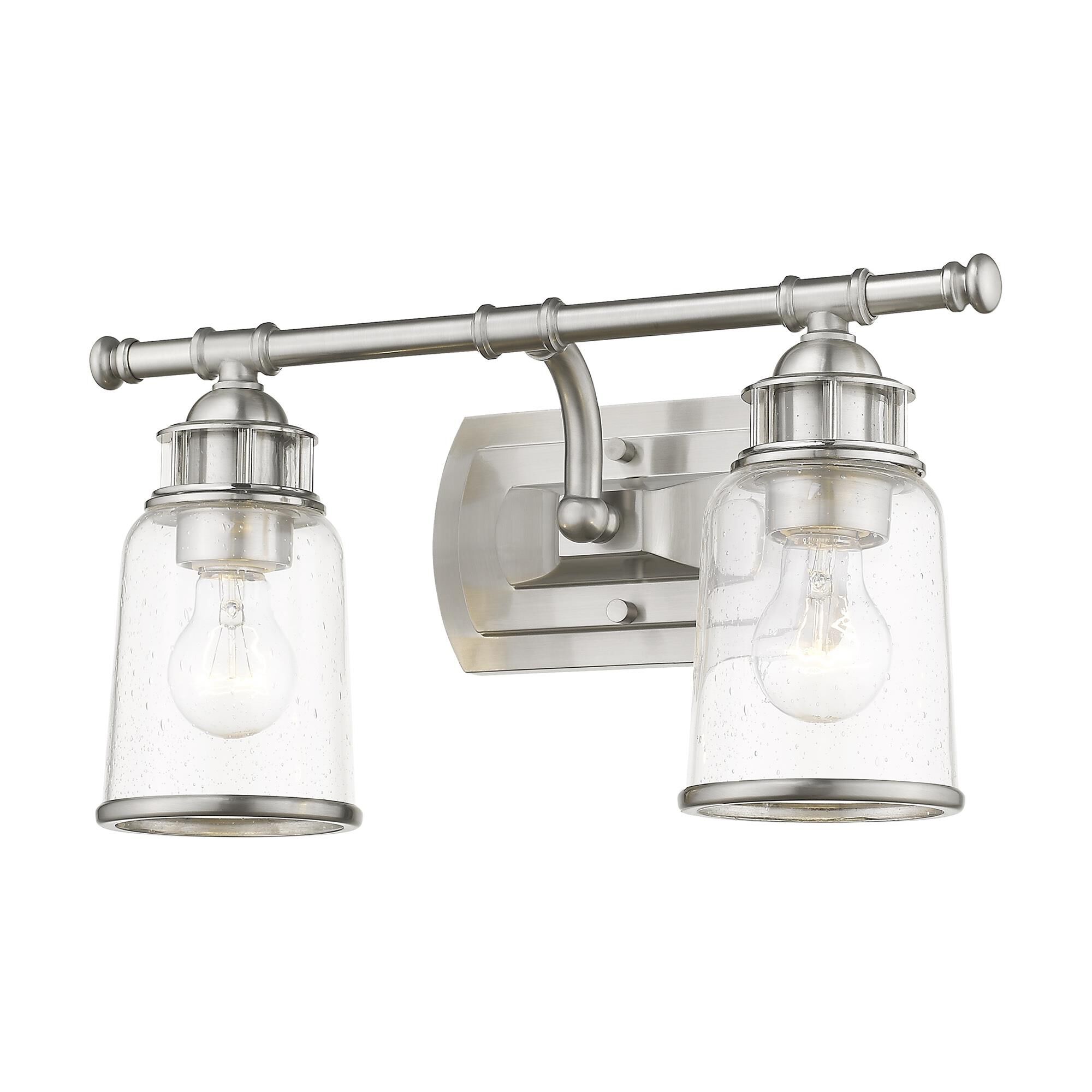 Shown in Brushed Nickel finish and Hand Blown Clear Seeded glass