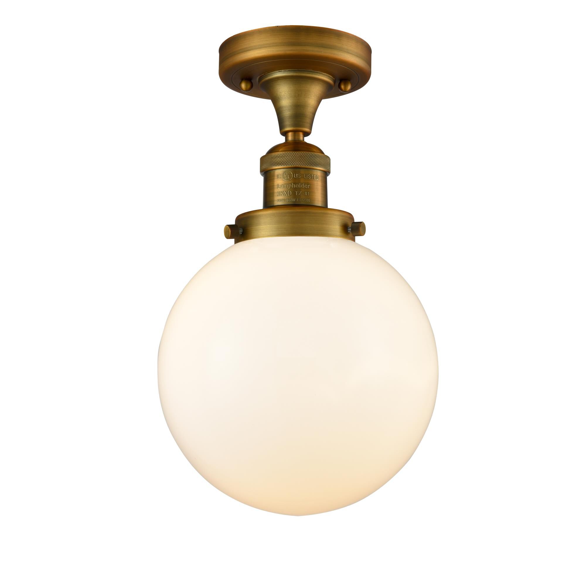 Shown in Brushed Brass finish and Matte White Cased glass