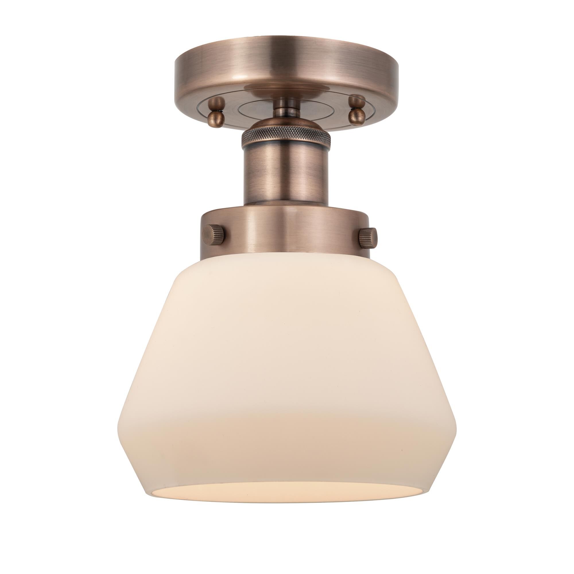 Shown in Antique Copper finish and Matte White glass